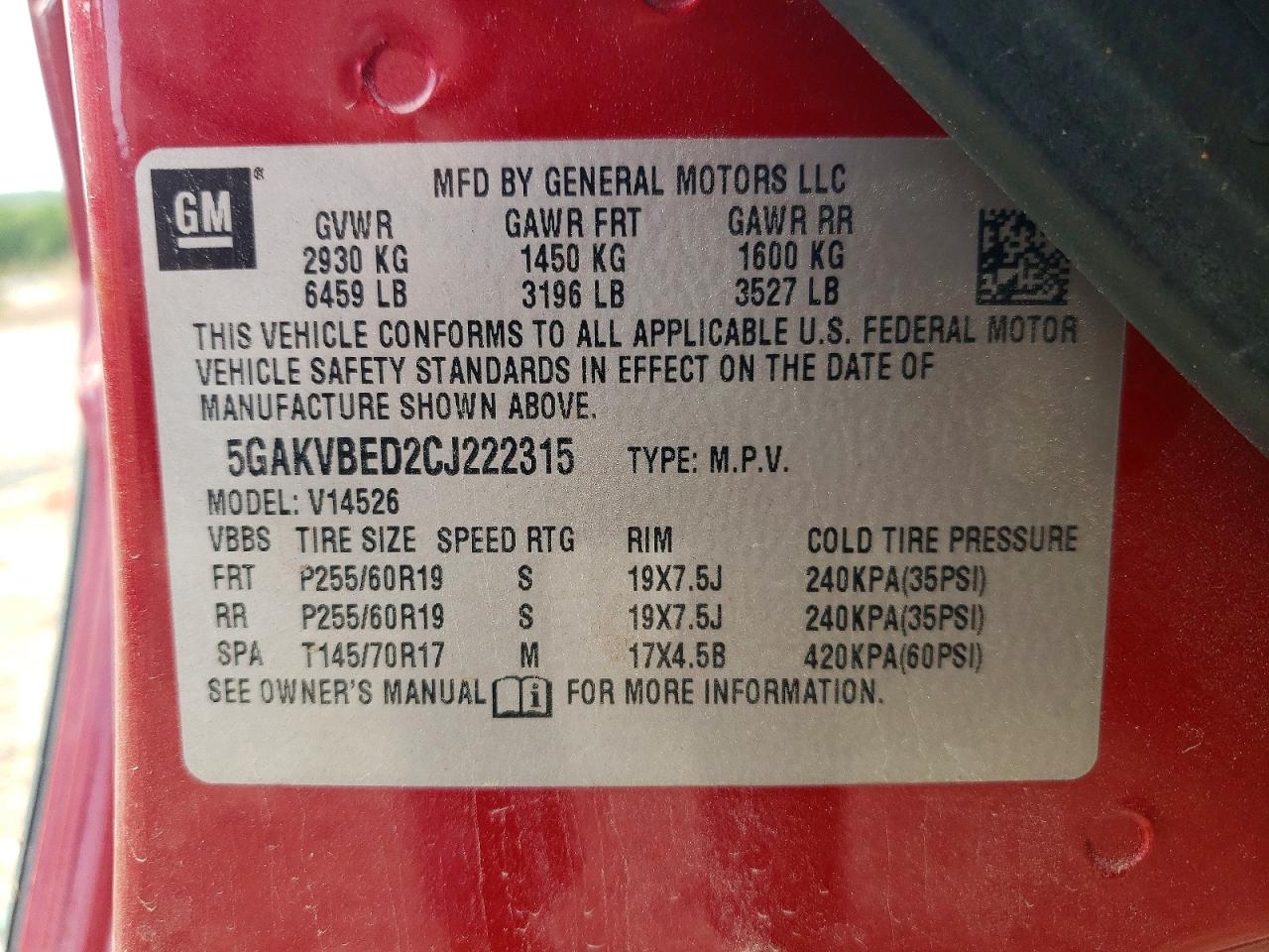 2012 Buick Enclave Red vin: 5GAKVBED2CJ222315