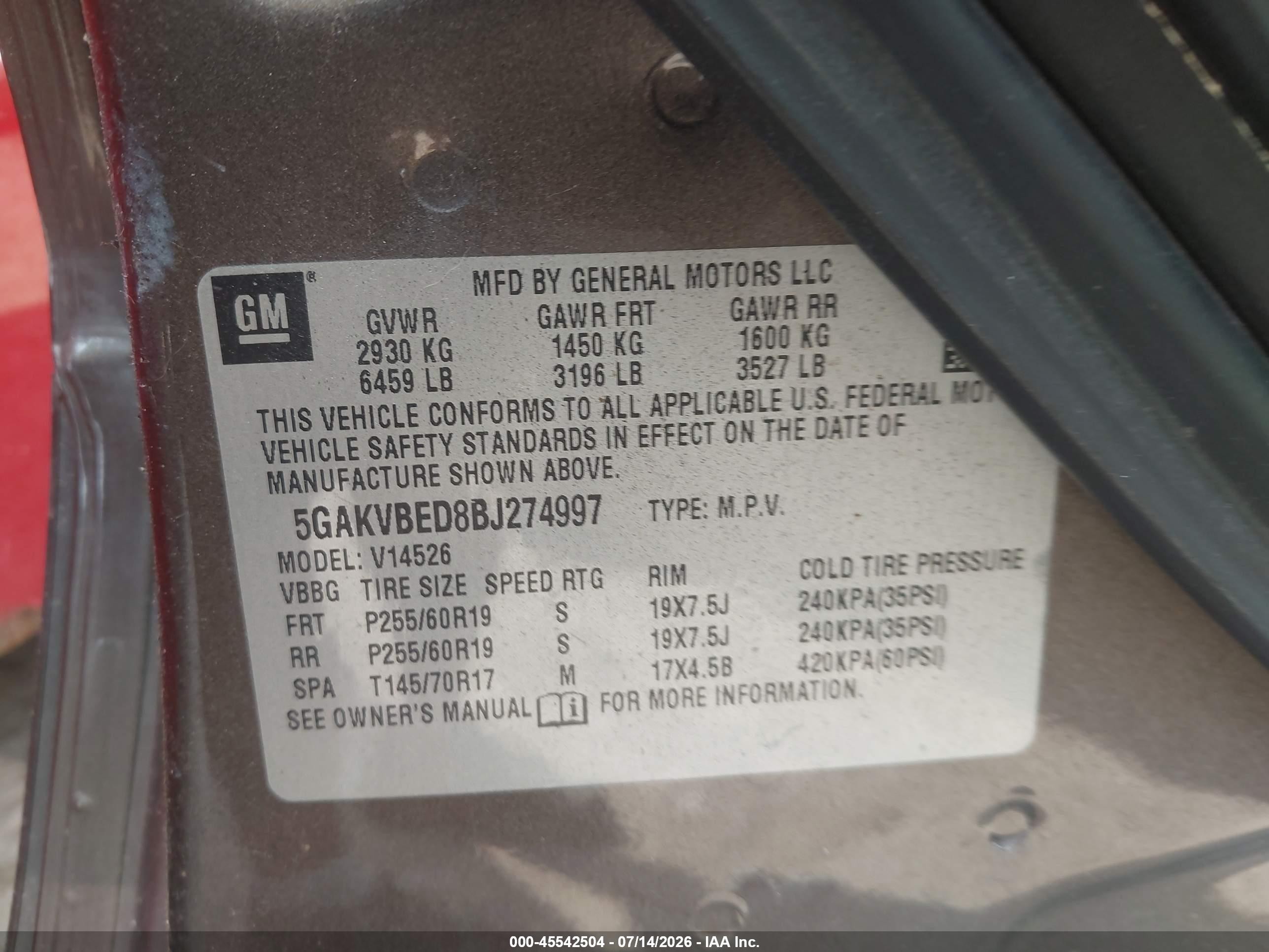 2011 Buick Enclave 1xl Коричневый vin: 5GAKVBED8BJ274997