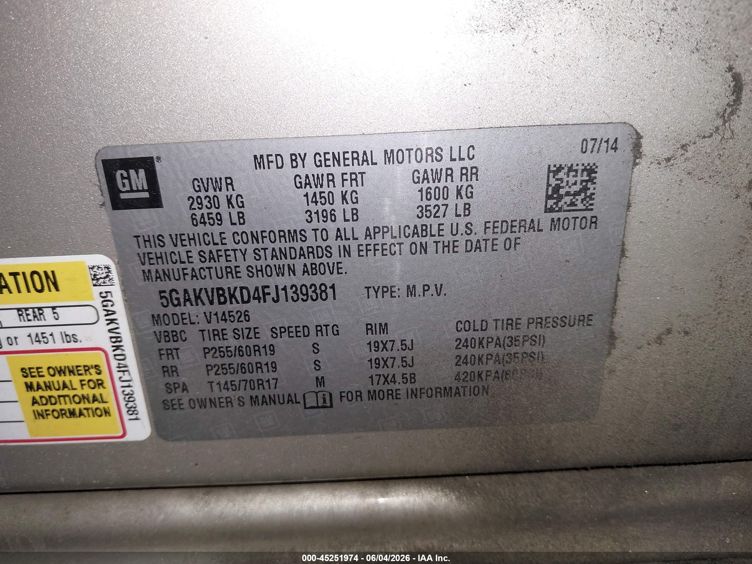2015 Buick Enclave Leather Tan vin: 5GAKVBKD4FJ139381