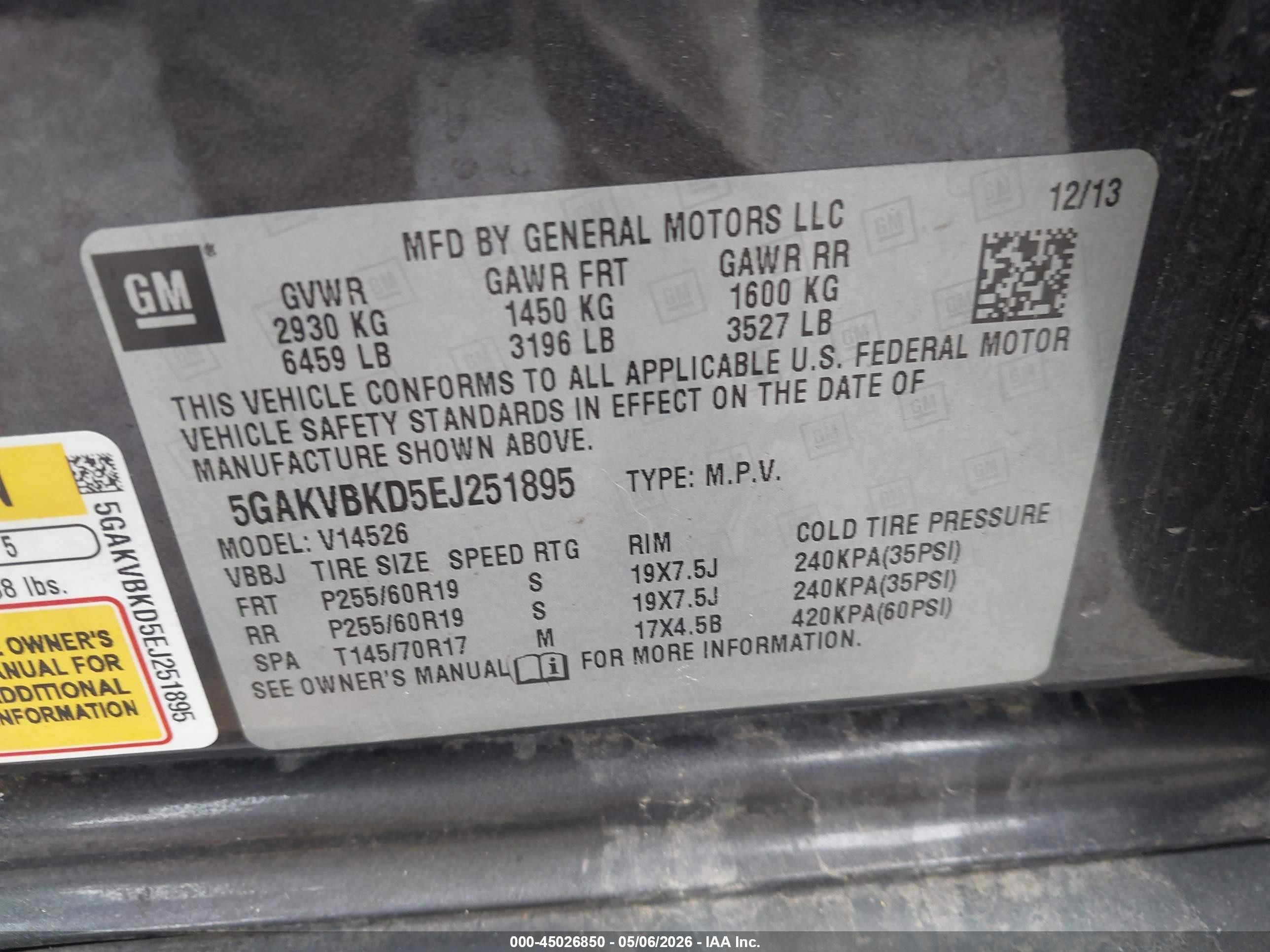 2014 Buick Enclave Leather Black vin: 5GAKVBKD5EJ251895
