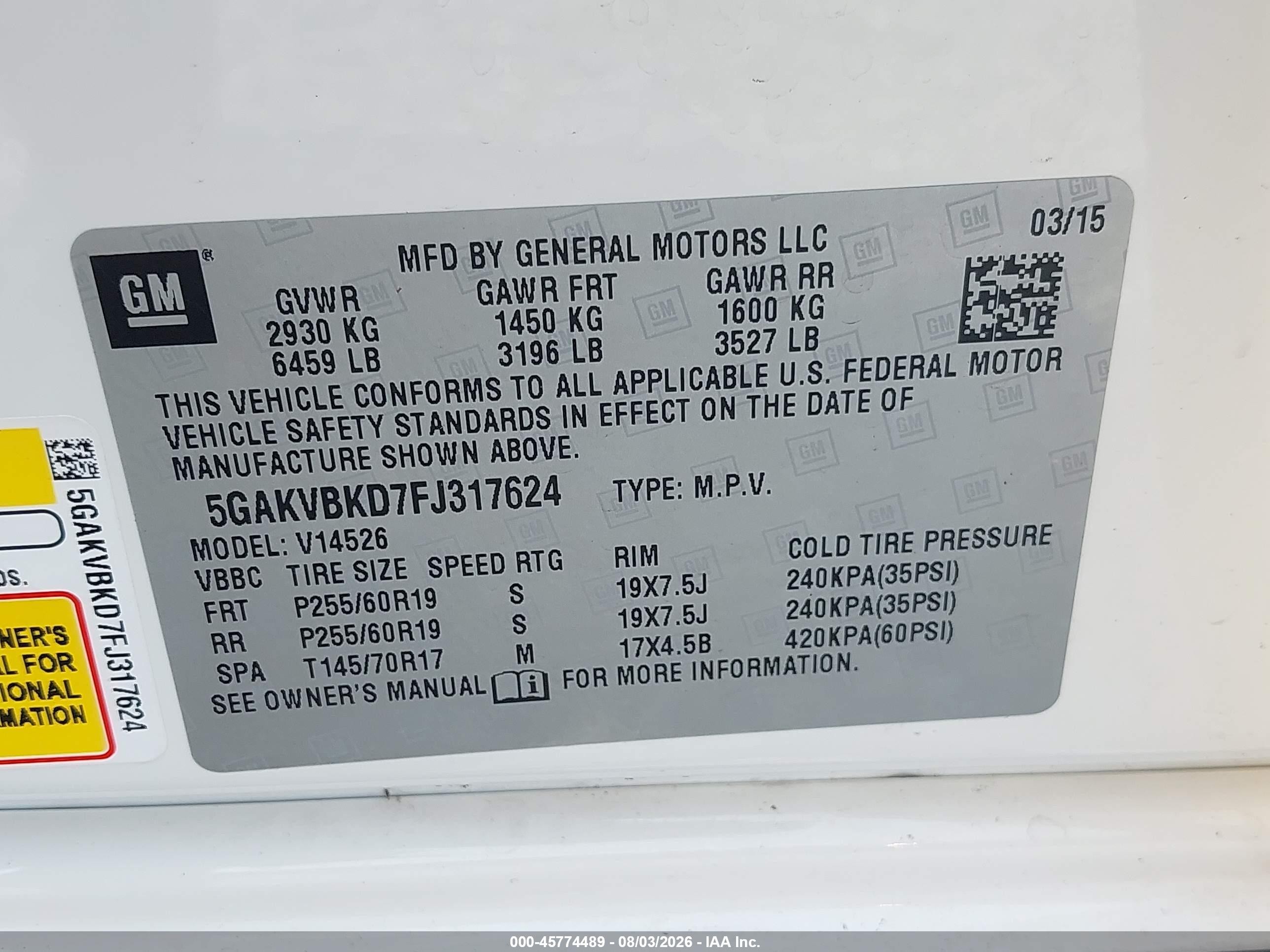 2015 Buick Enclave Leather White vin: 5GAKVBKD7FJ317624