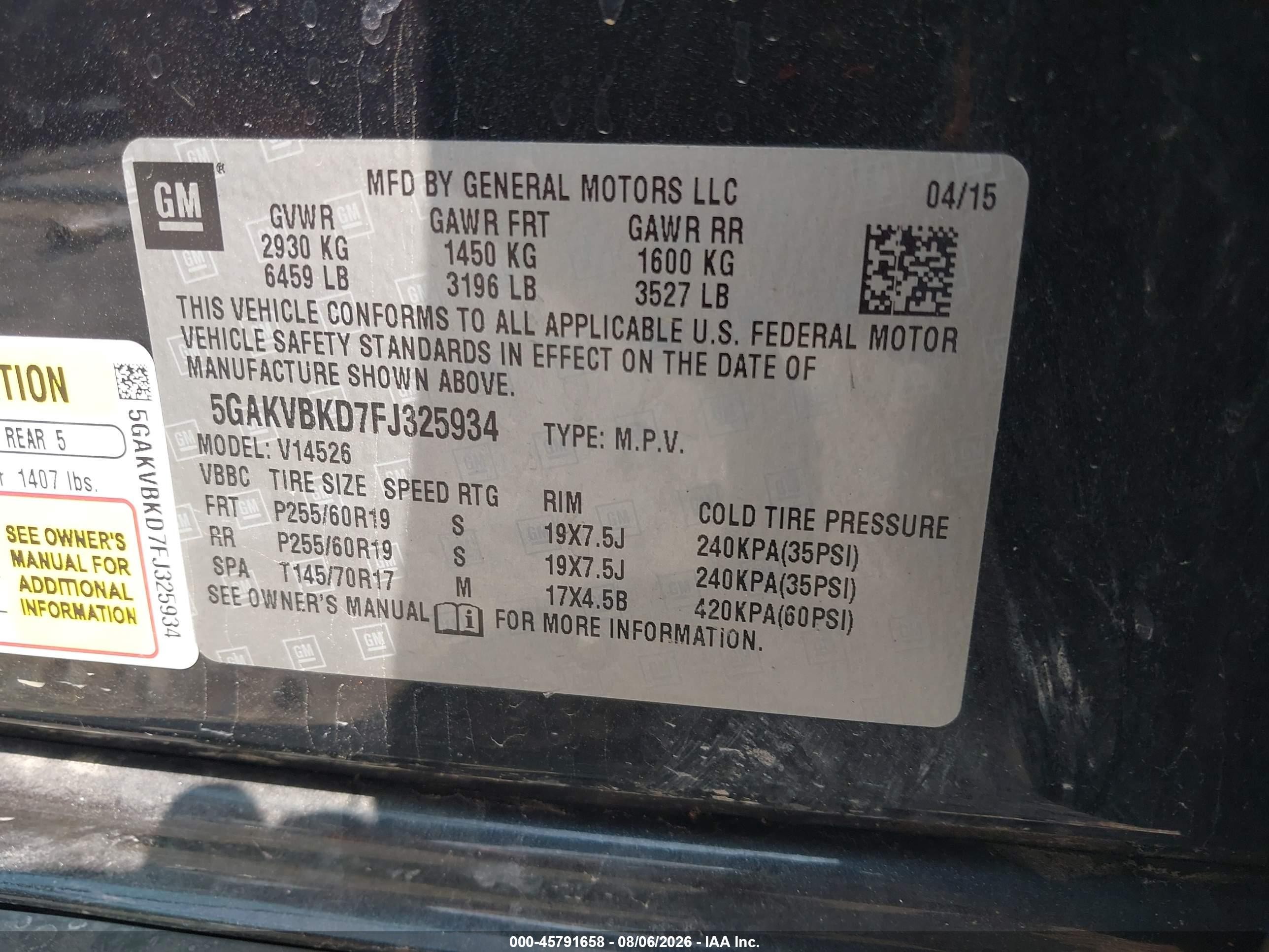 2015 Buick Enclave Leather Black vin: 5GAKVBKD7FJ325934