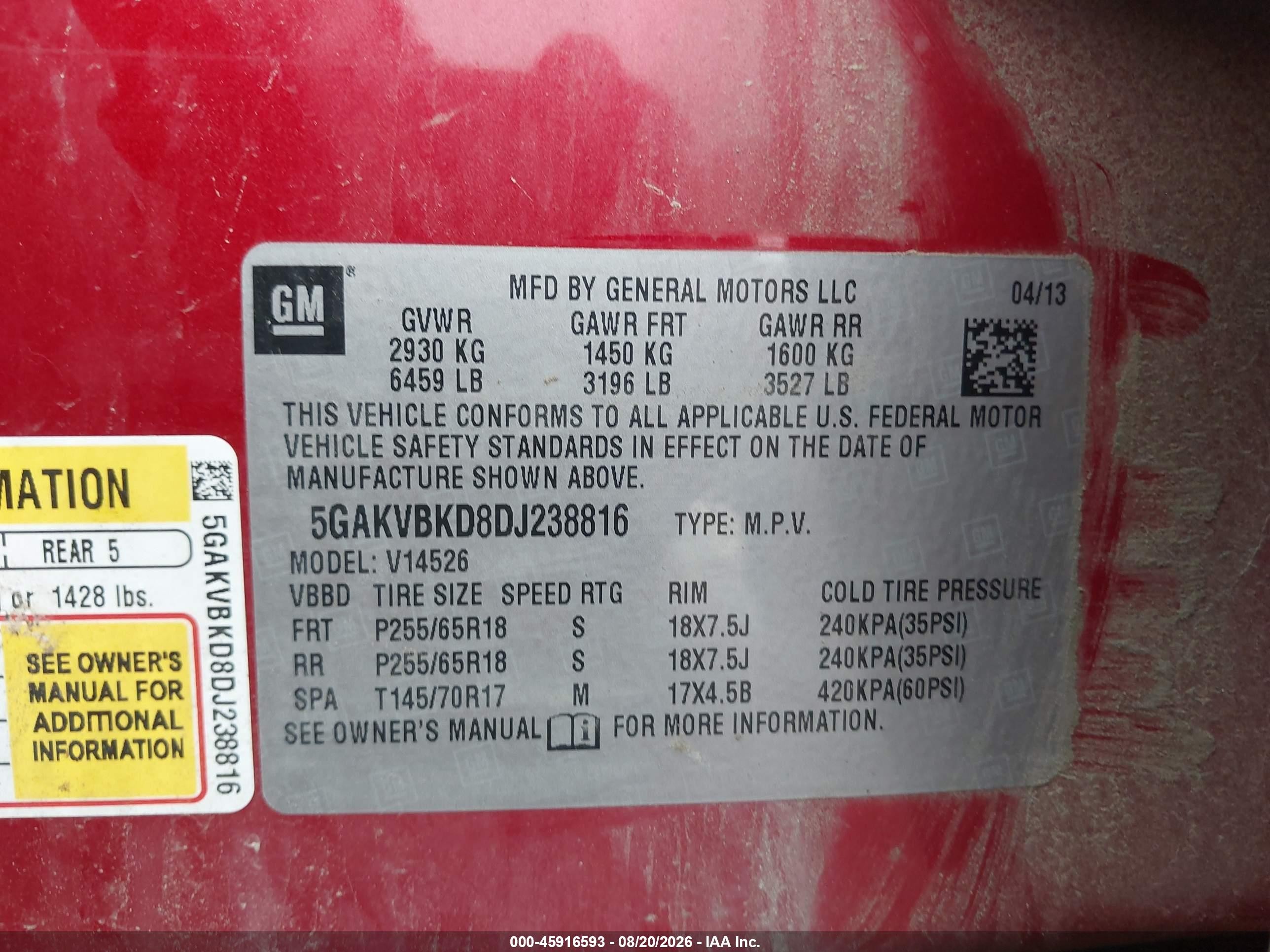 2013 Buick Enclave Convenience Red vin: 5GAKVBKD8DJ238816