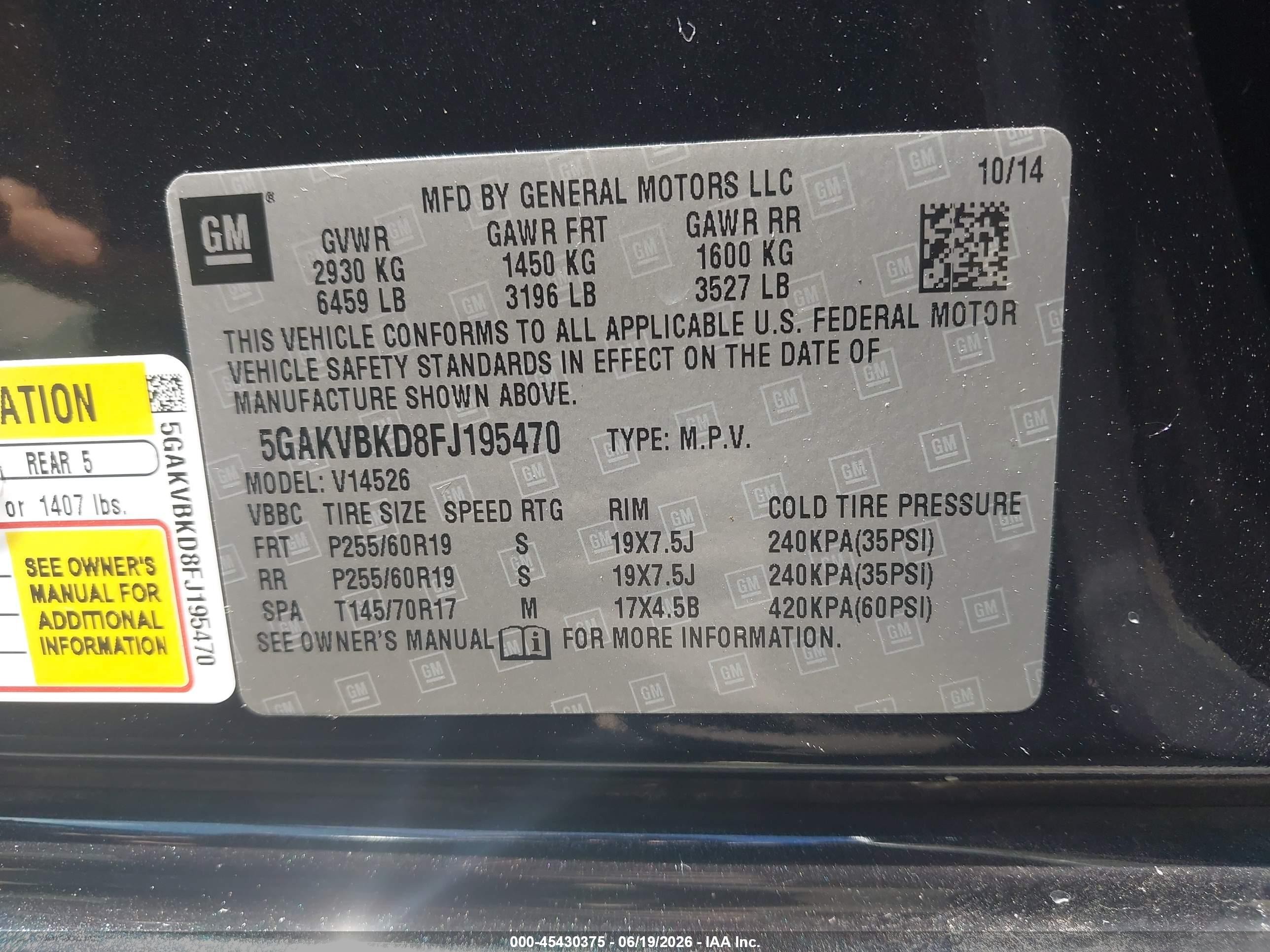 2015 Buick Enclave Leather Black vin: 5GAKVBKD8FJ195470
