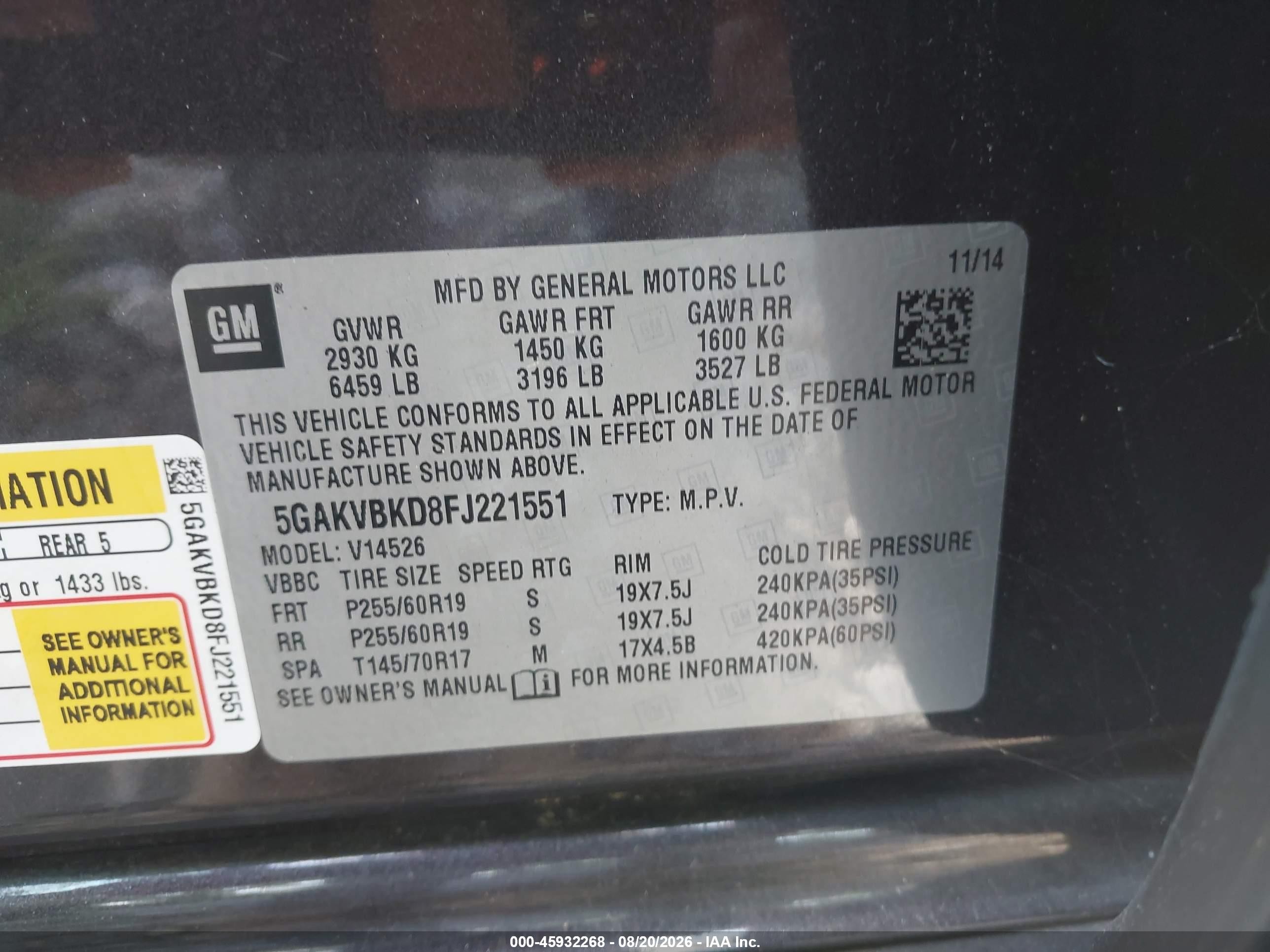 2015 Buick Enclave Leather Gray vin: 5GAKVBKD8FJ221551