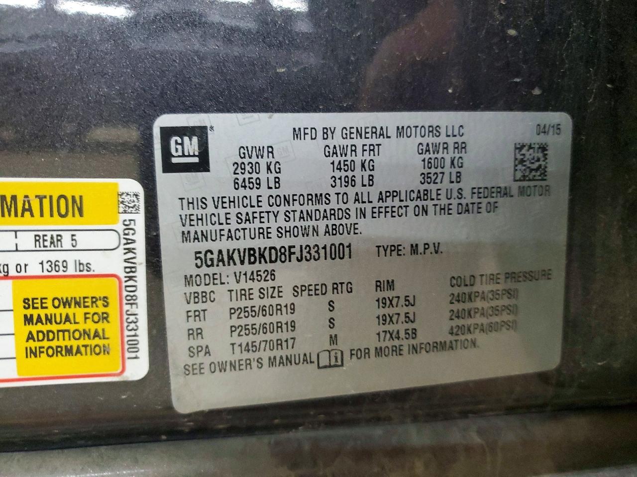 2015 Buick Enclave Угольный vin: 5GAKVBKD8FJ331001