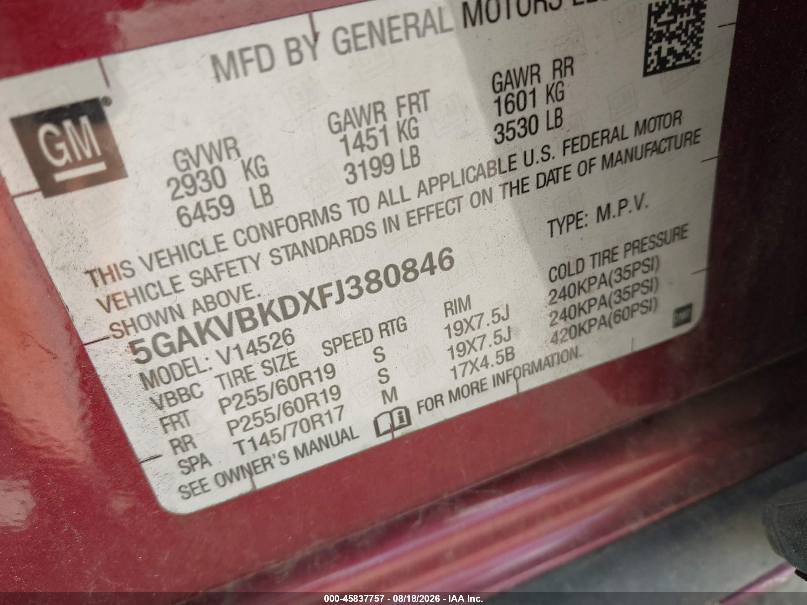 2015 Buick Enclave Leather Red vin: 5GAKVBKDXFJ380846