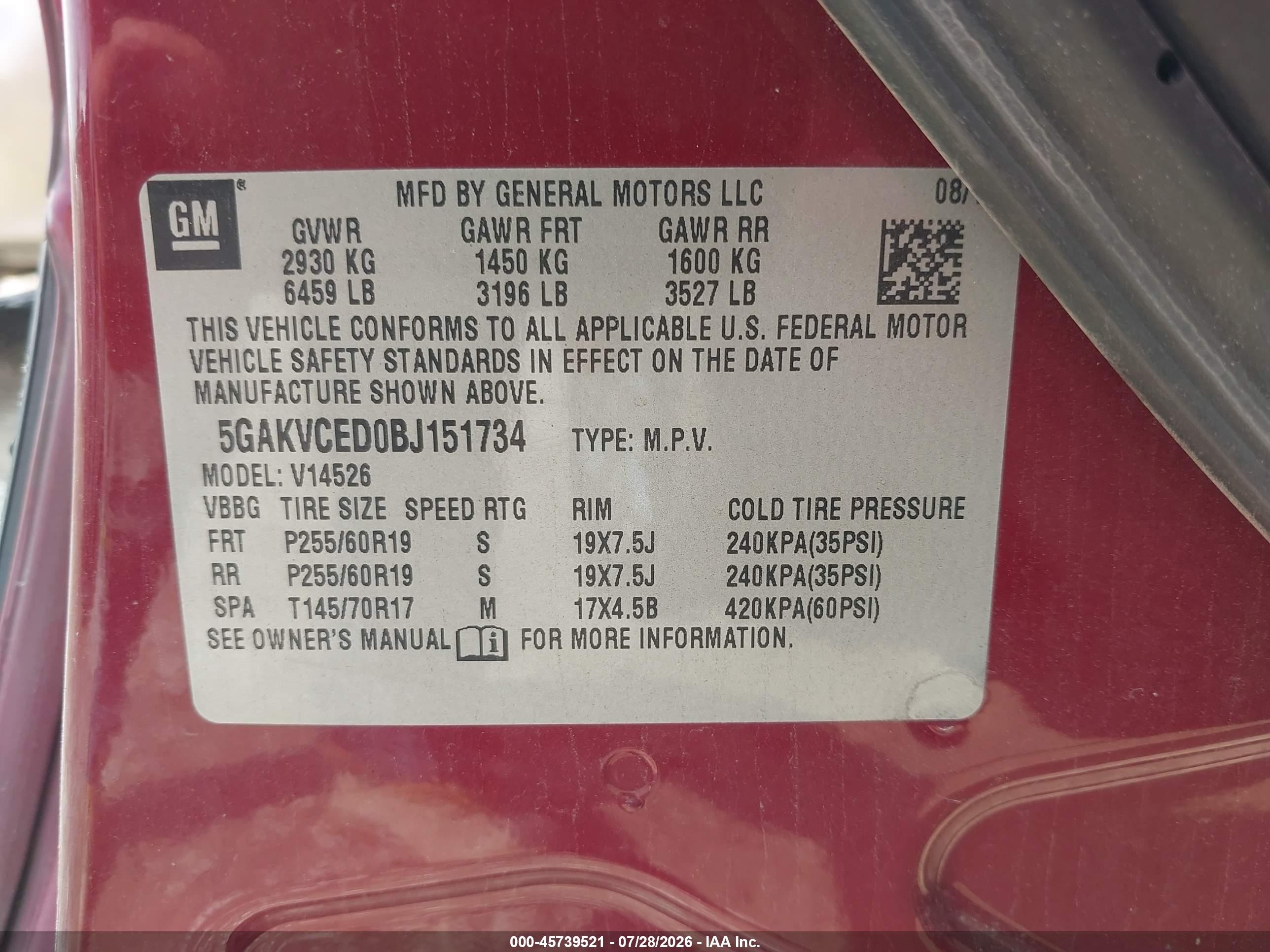 2011 Buick Enclave 2xl Red vin: 5GAKVCED0BJ151734