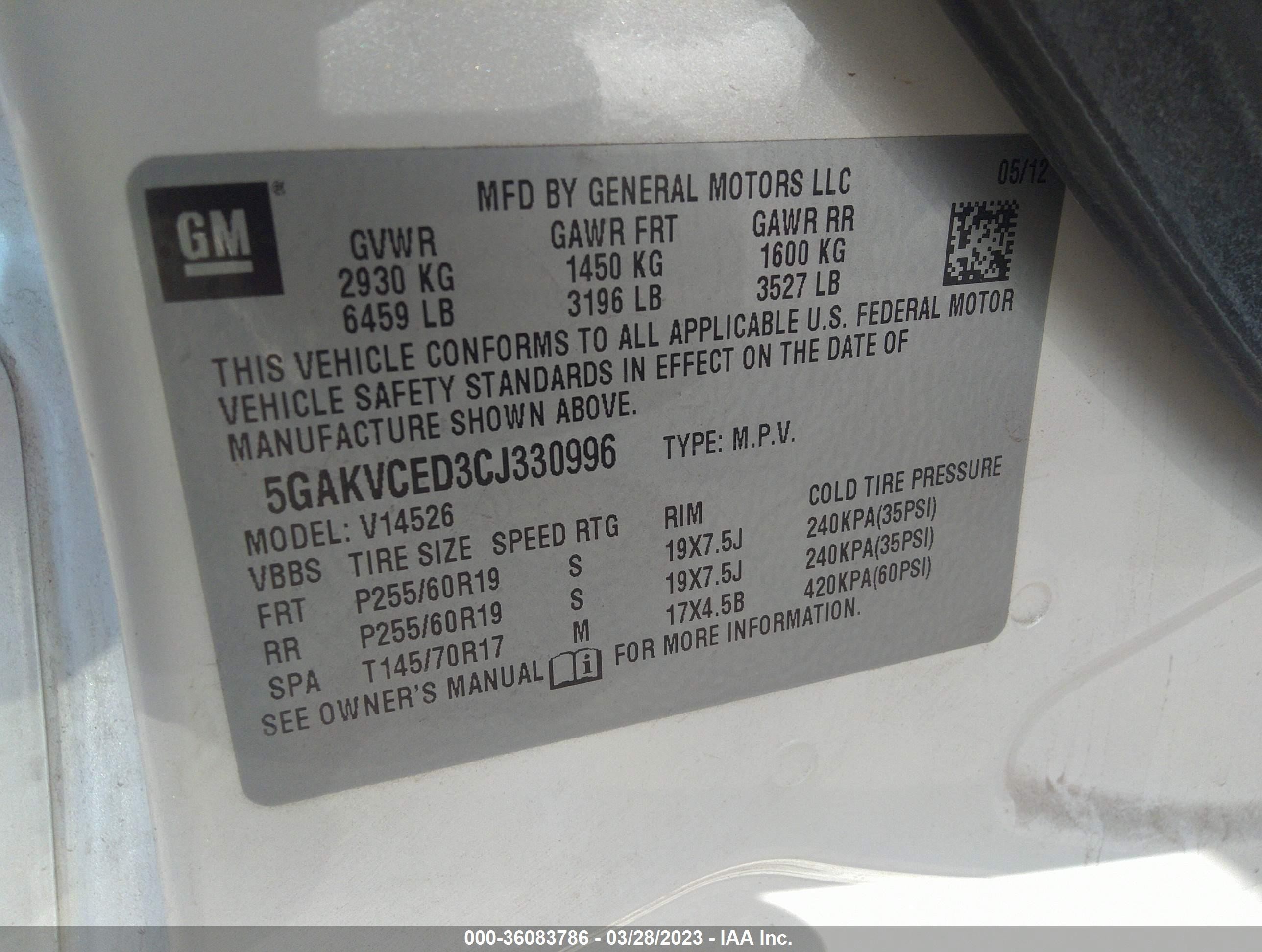 2012 Buick Enclave Leather White vin: 5GAKVCED3CJ330996