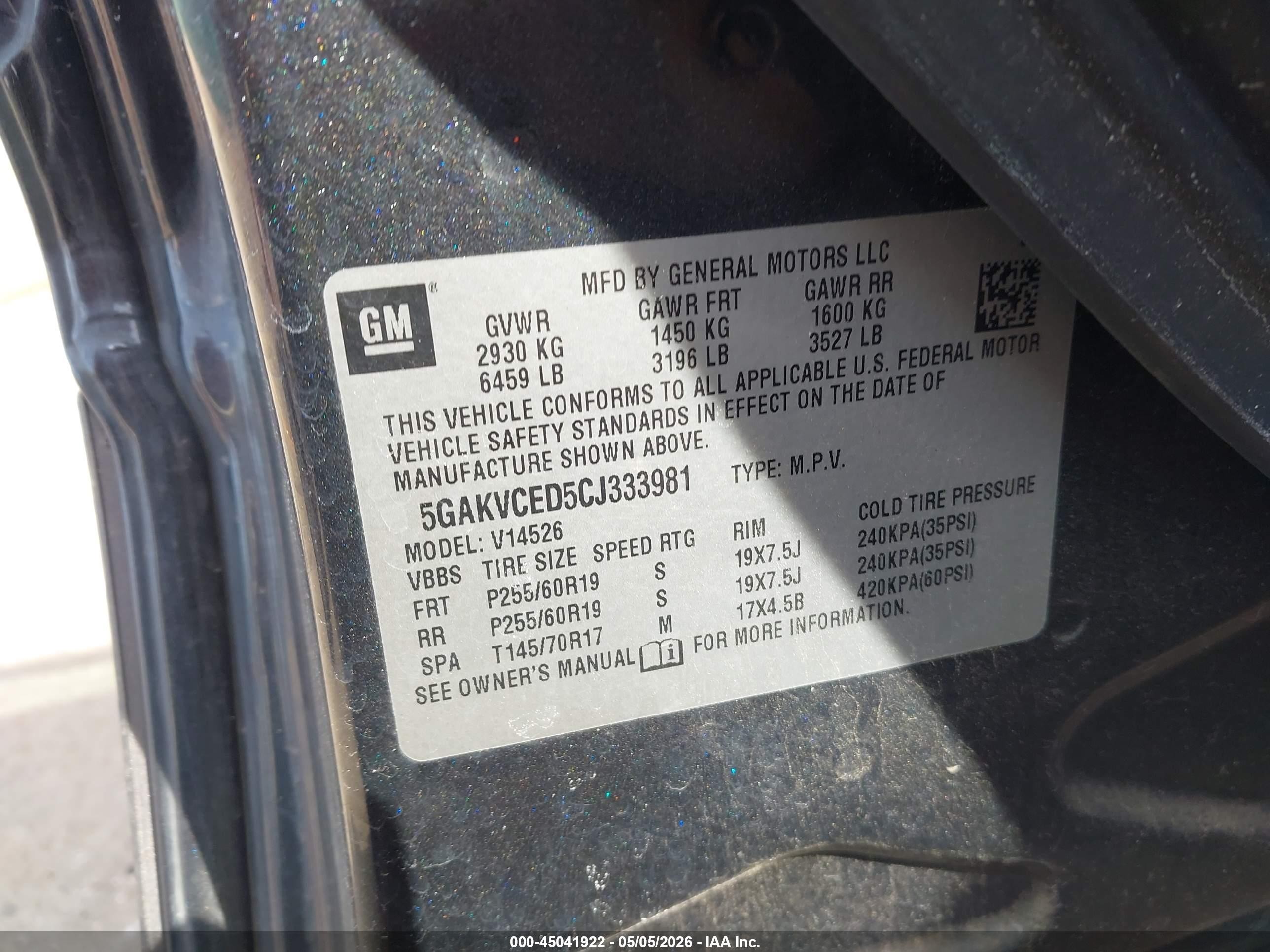 2012 Buick Enclave Leather Black vin: 5GAKVCED5CJ333981