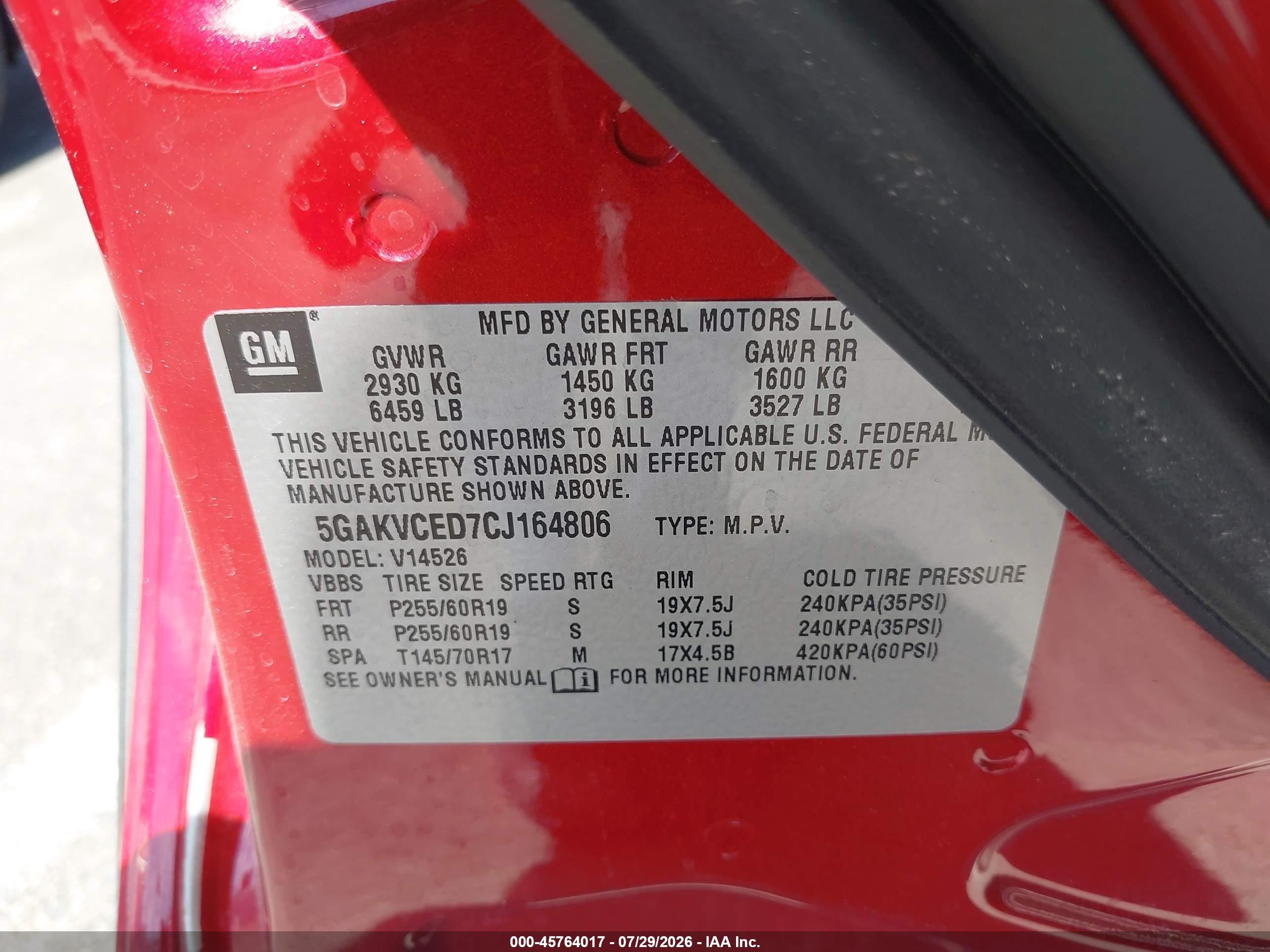 2012 Buick Enclave Leather Red vin: 5GAKVCED7CJ164806