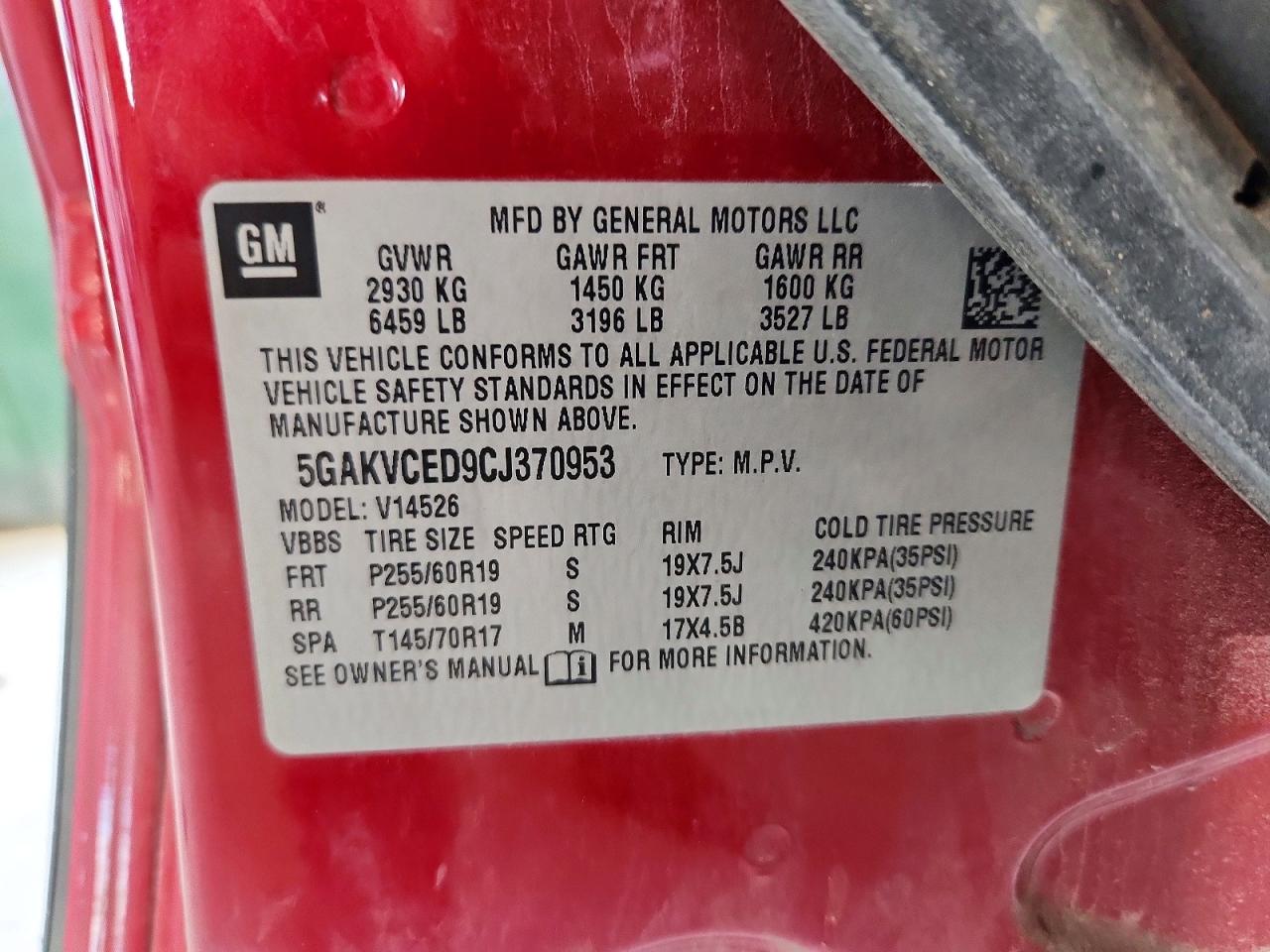 2012 Buick Enclave Red vin: 5GAKVCED9CJ370953