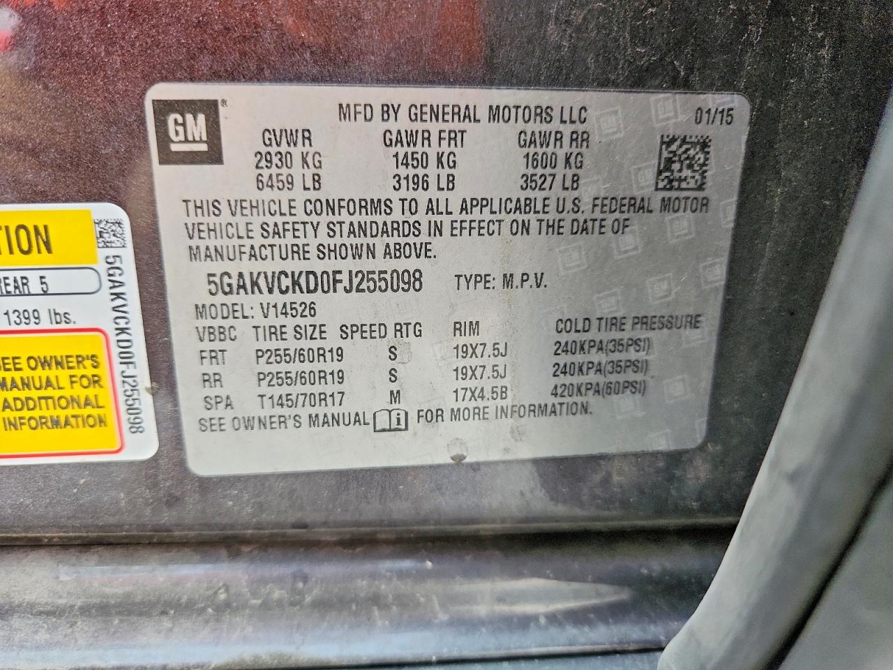 2015 Buick Enclave Charcoal vin: 5GAKVCKD0FJ255098