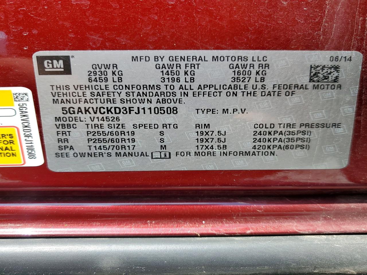 2015 Buick Enclave Red vin: 5GAKVCKD3FJ110508
