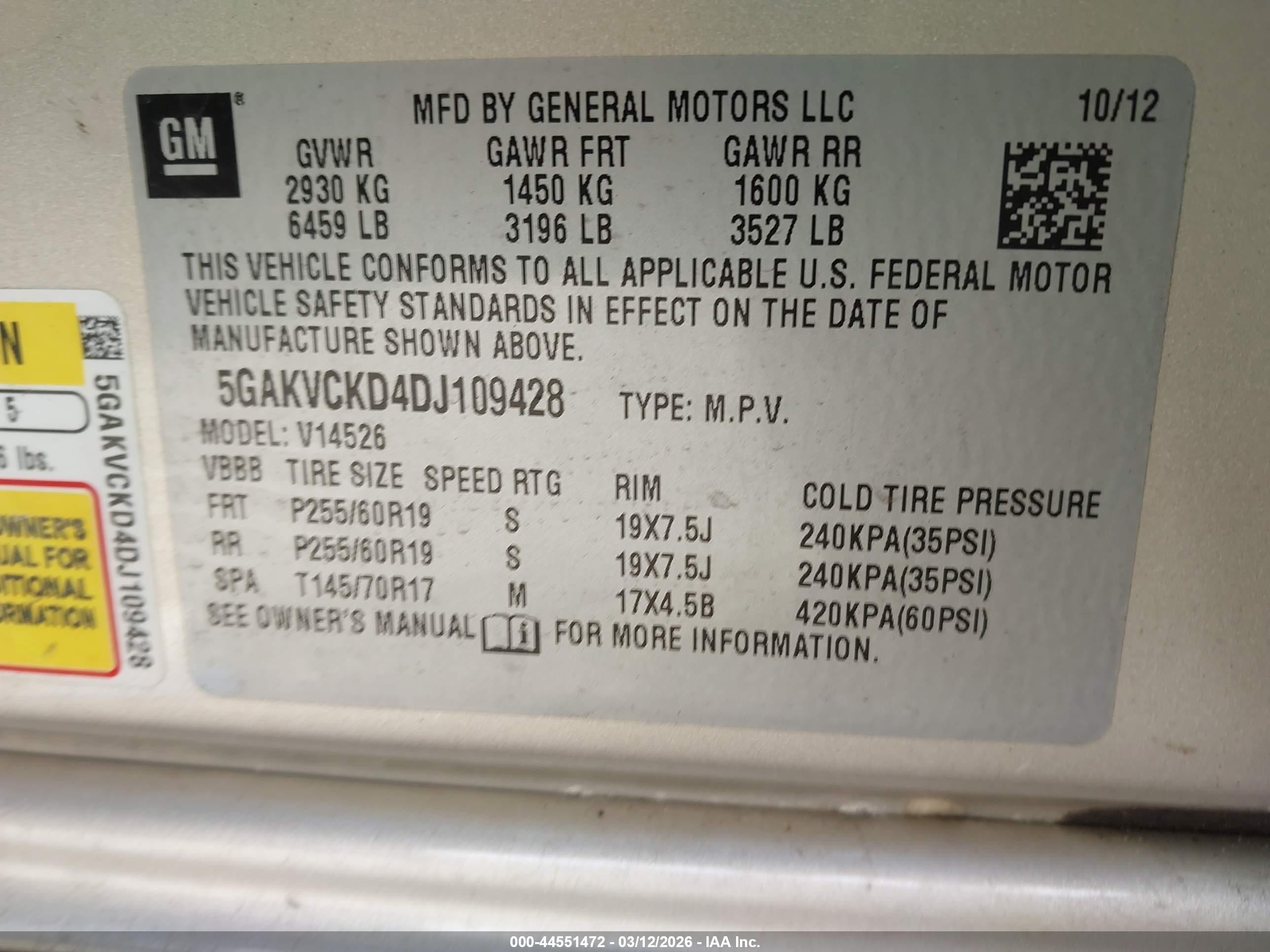 2013 Buick Enclave Leather Gold vin: 5GAKVCKD4DJ109428