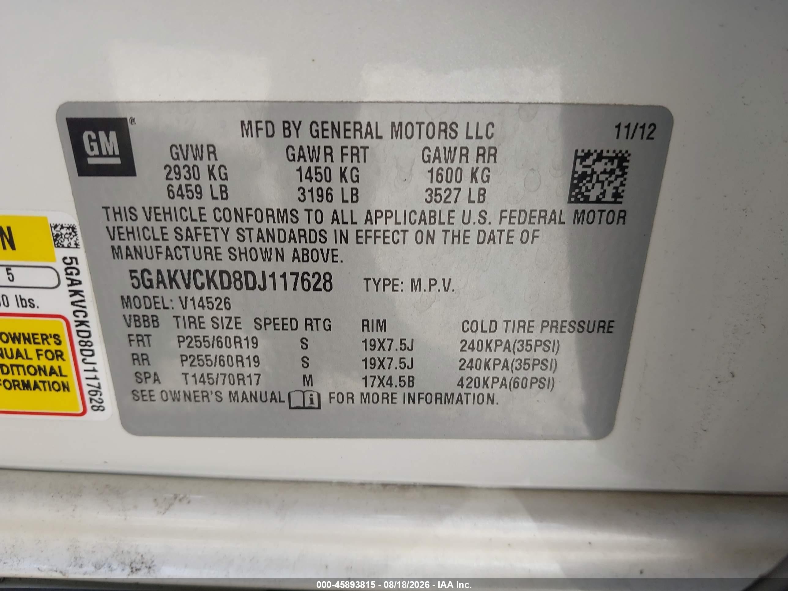 2013 Buick Enclave Leather White vin: 5GAKVCKD8DJ117628