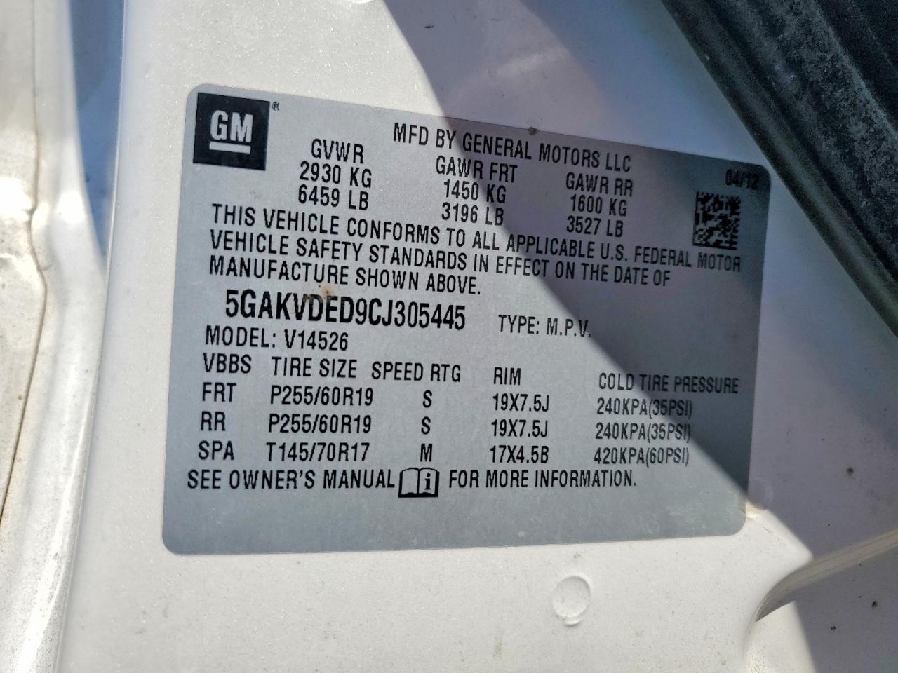 2012 Buick Enclave White vin: 5GAKVDED9CJ305445