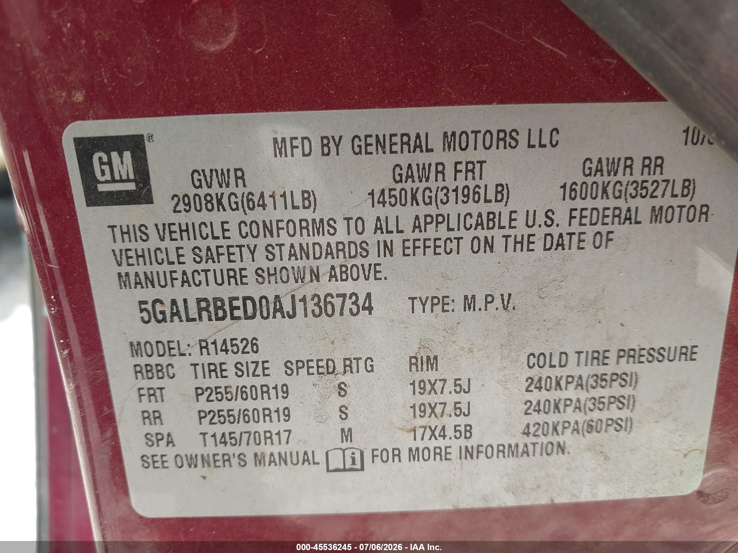 2010 Buick Enclave 1xl Red vin: 5GALRBED0AJ136734