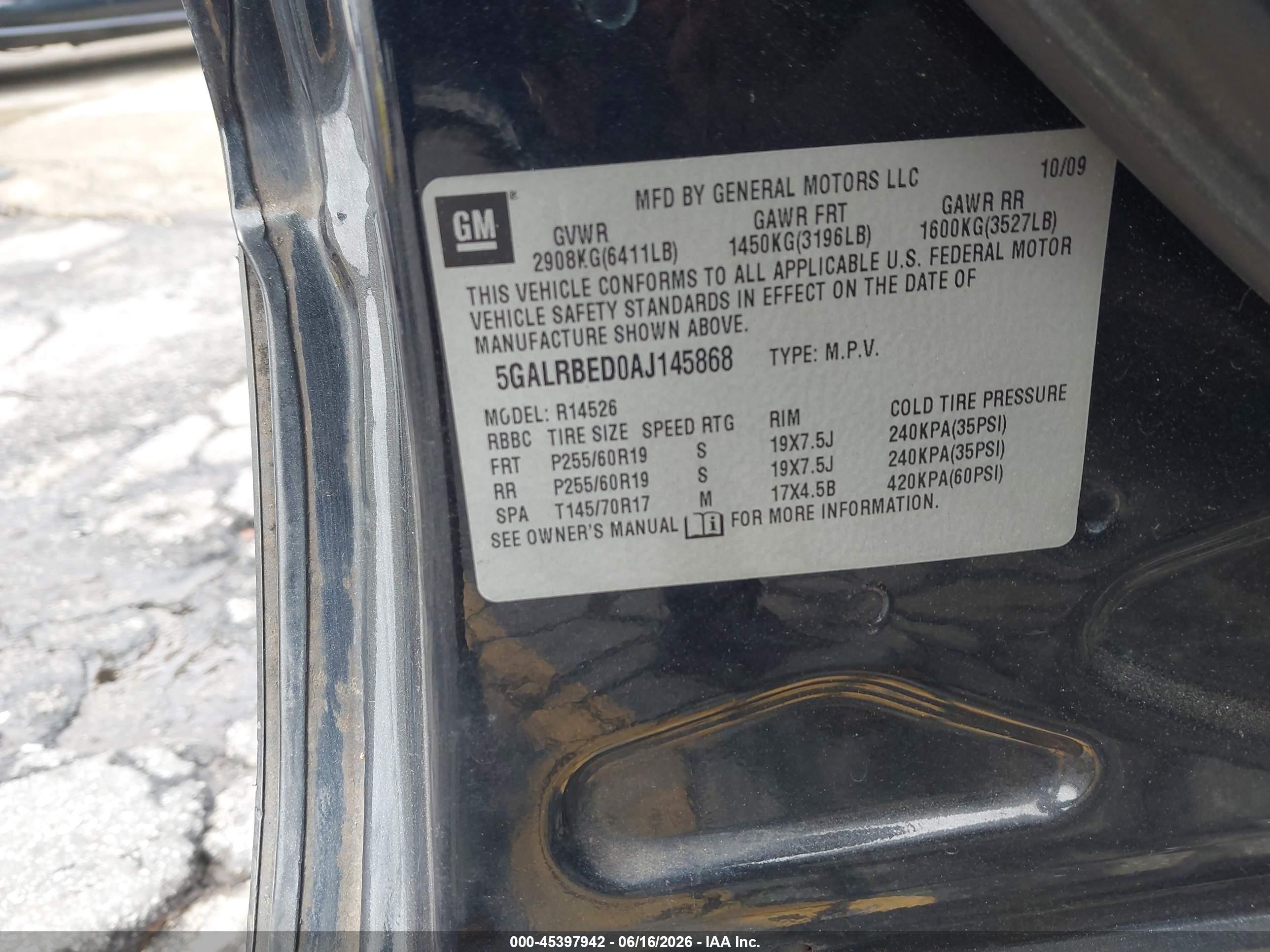 2010 Buick Enclave 1xl Черный vin: 5GALRBED0AJ145868