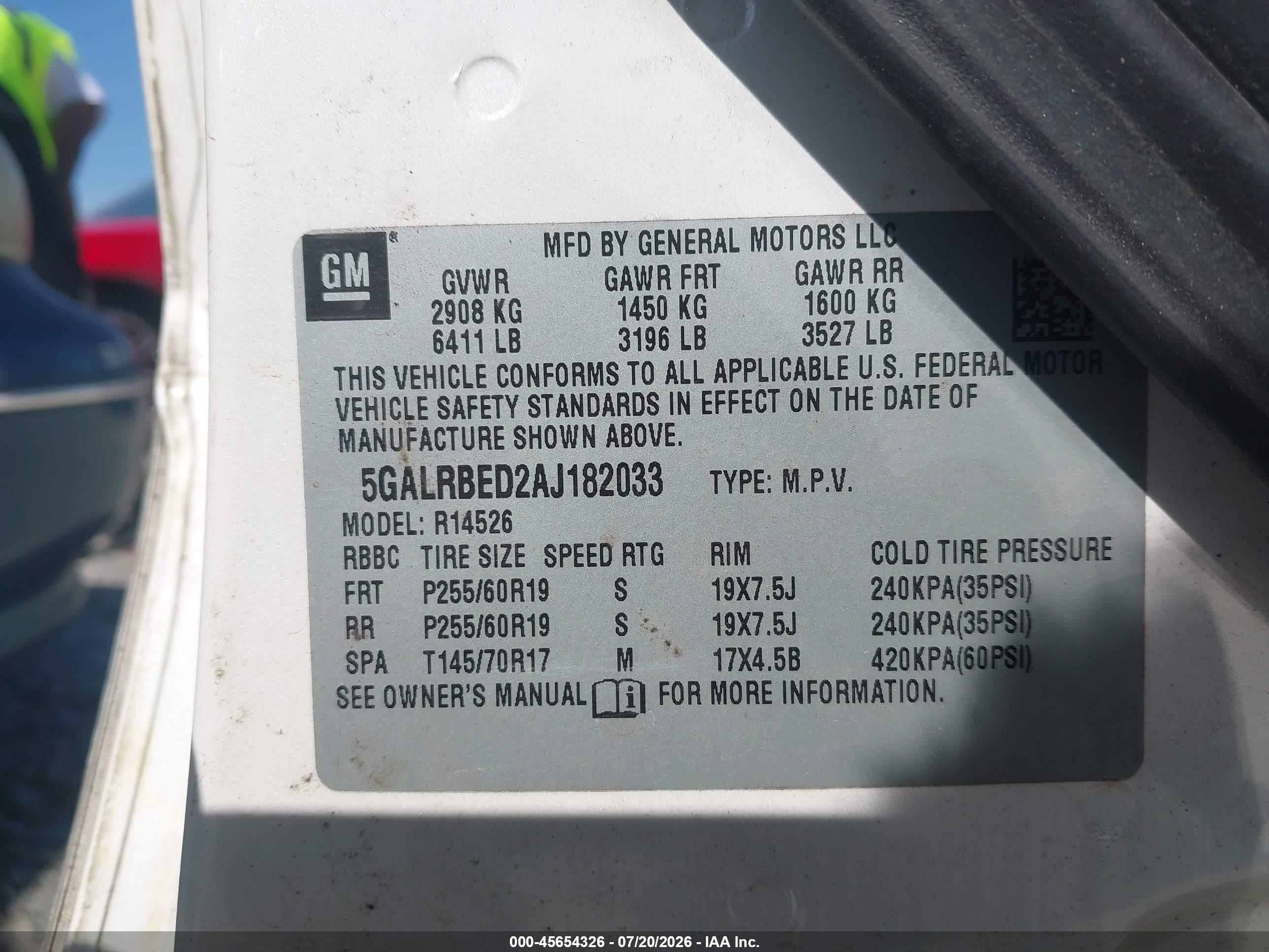 2010 Buick Enclave 1xl White vin: 5GALRBED2AJ182033