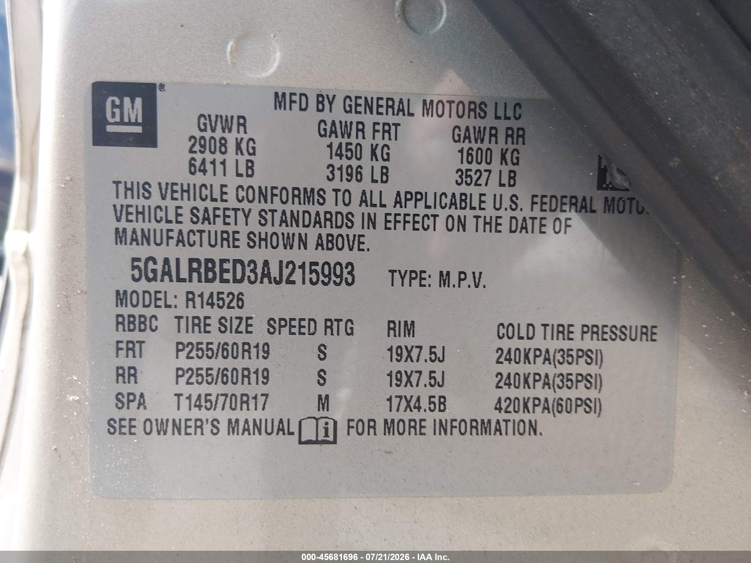 2010 Buick Enclave 1xl Beige vin: 5GALRBED3AJ215993