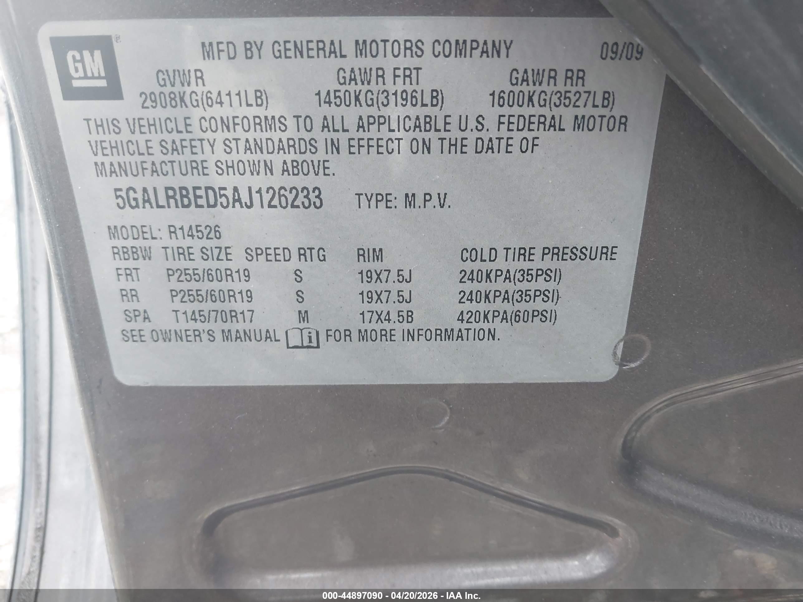 2010 Buick Enclave 1xl Tan vin: 5GALRBED5AJ126233