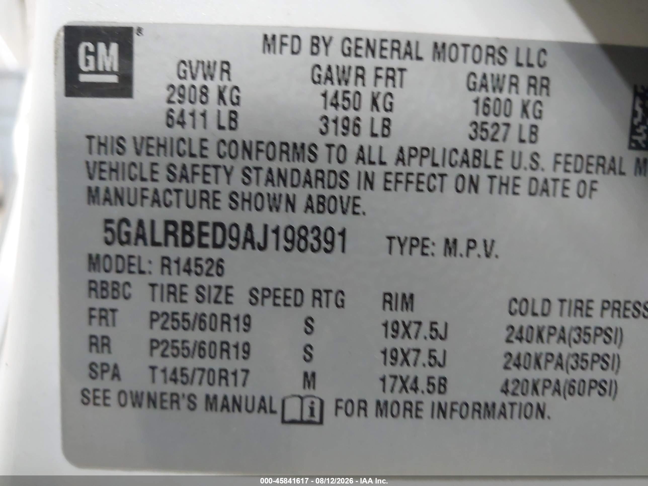 2010 Buick Enclave 1xl White vin: 5GALRBED9AJ198391