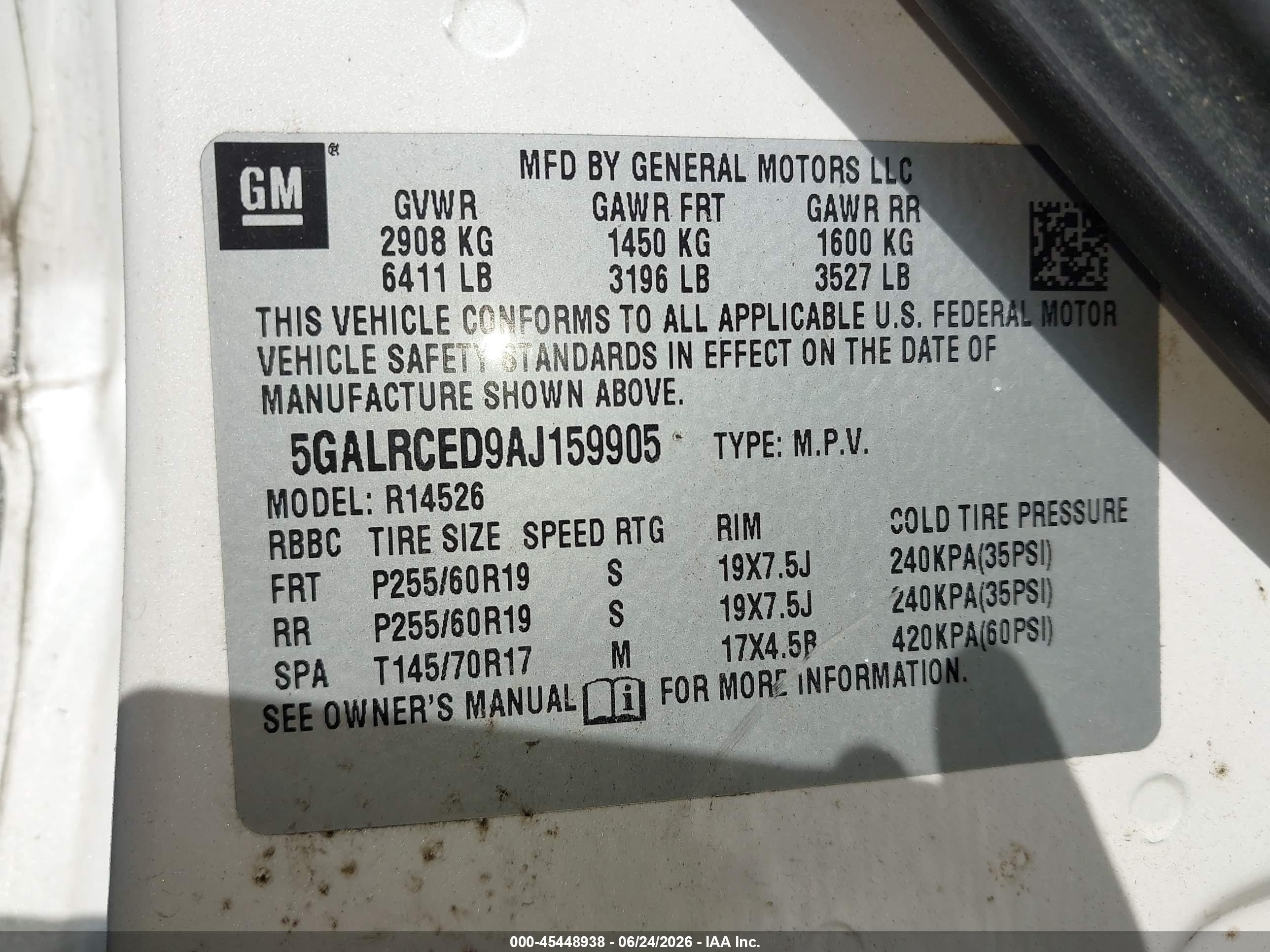 2010 Buick Enclave 2xl White vin: 5GALRCED9AJ159905