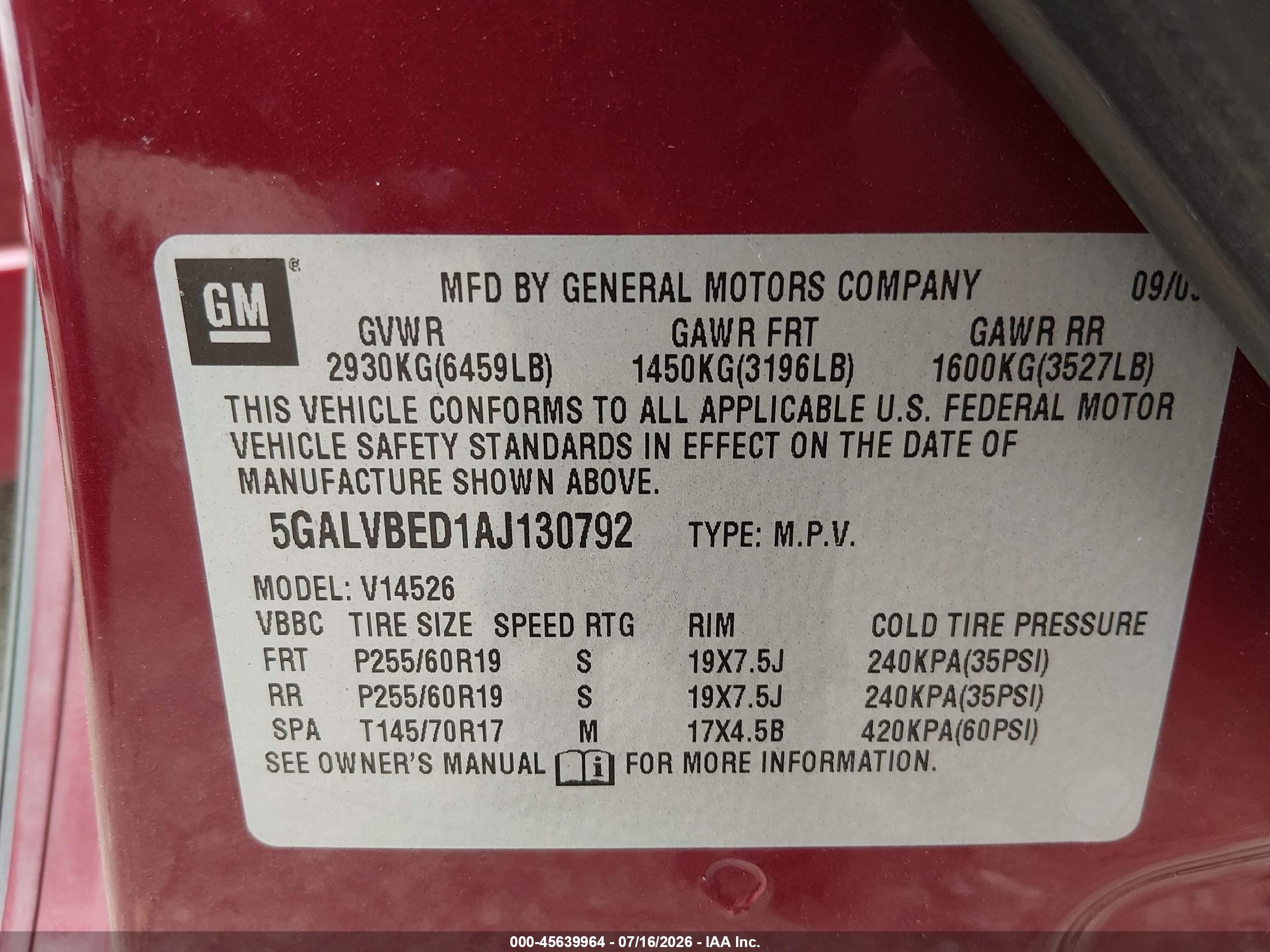2010 Buick Enclave 1xl Red vin: 5GALVBED1AJ130792