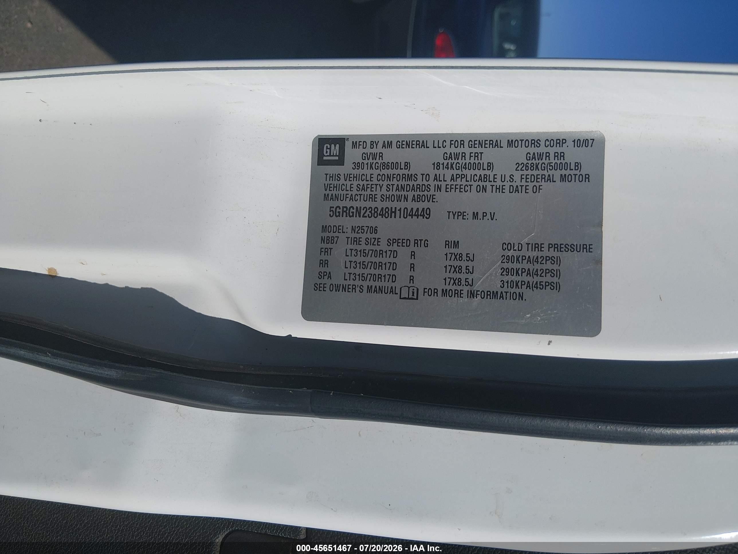 2008 Hummer H2 Suv   White vin: 5GRGN23848H104449