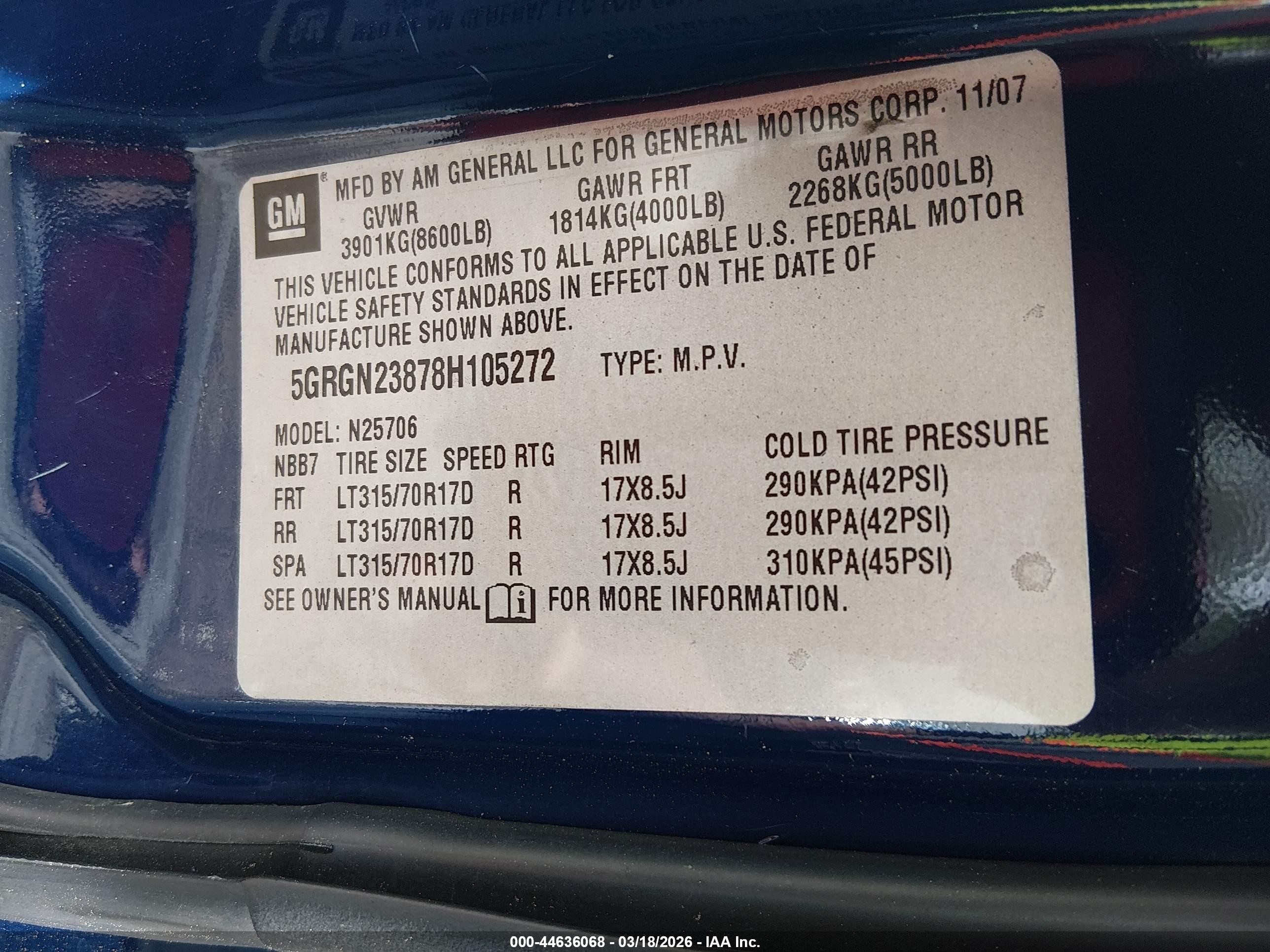 2008 Hummer H2 Suv   Blue vin: 5GRGN23878H105272