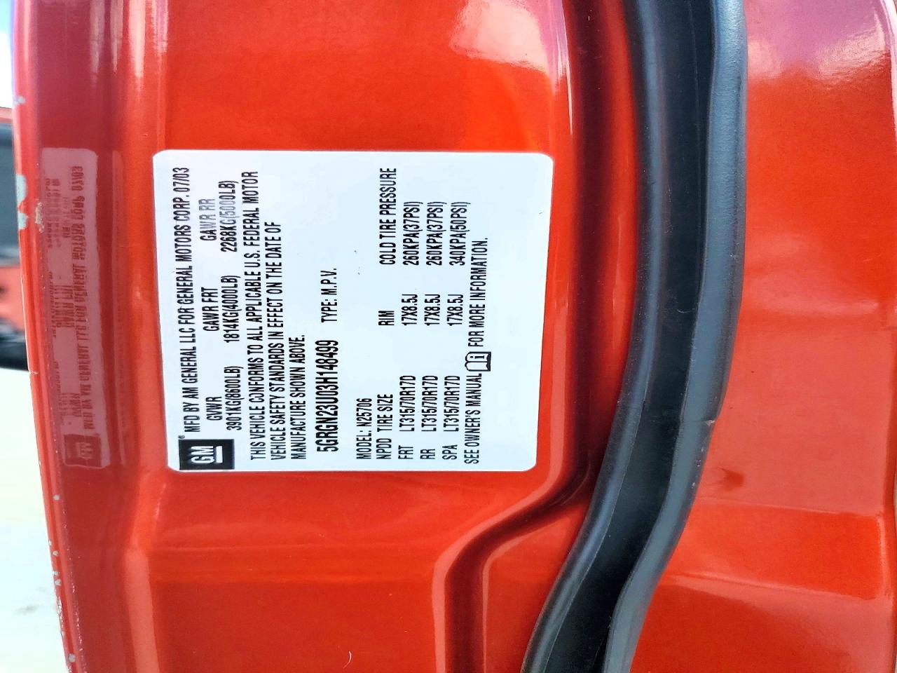 2003 Hummer H2 Orange vin: 5GRGN23U03H148499
