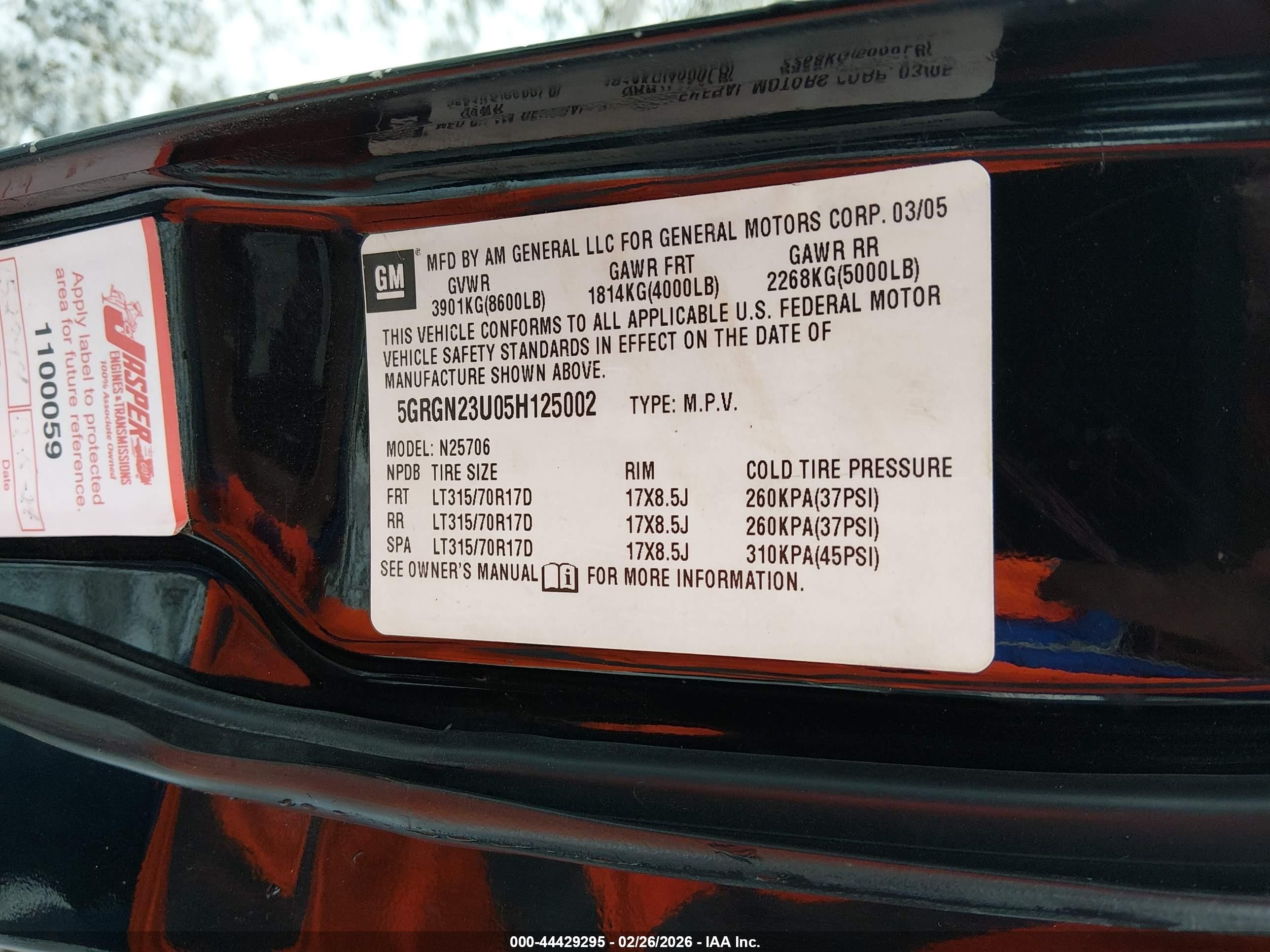 2005 Hummer H2 Suv   Black vin: 5GRGN23U05H125002