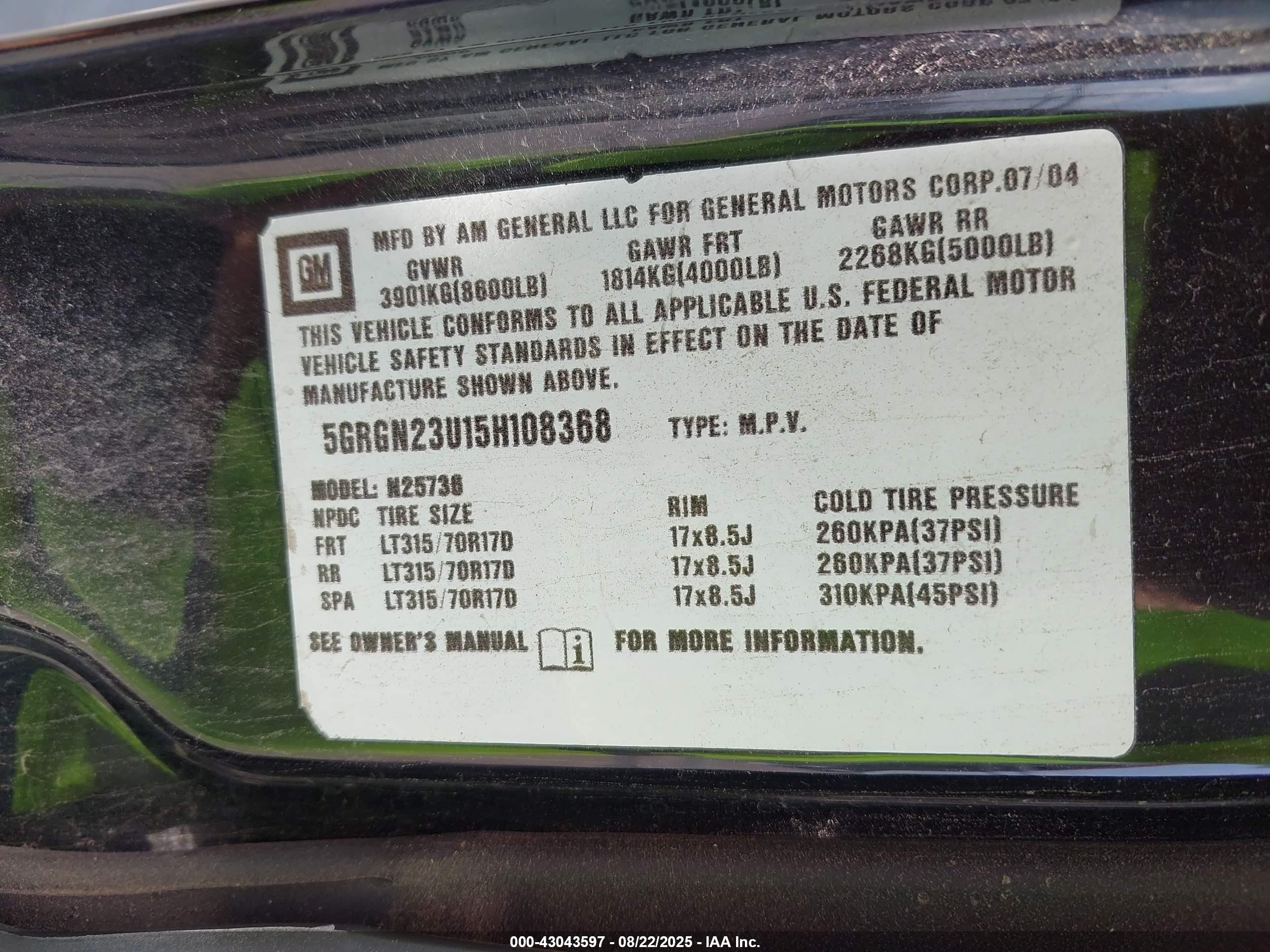 2005 Hummer H2 Suv   Black vin: 5GRGN23U15H108368
