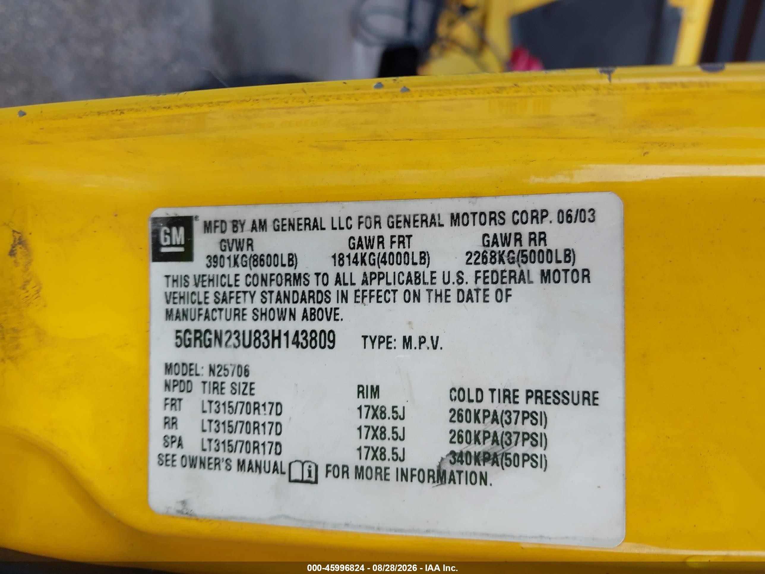 2003 Hummer H2   Yellow vin: 5GRGN23U83H143809