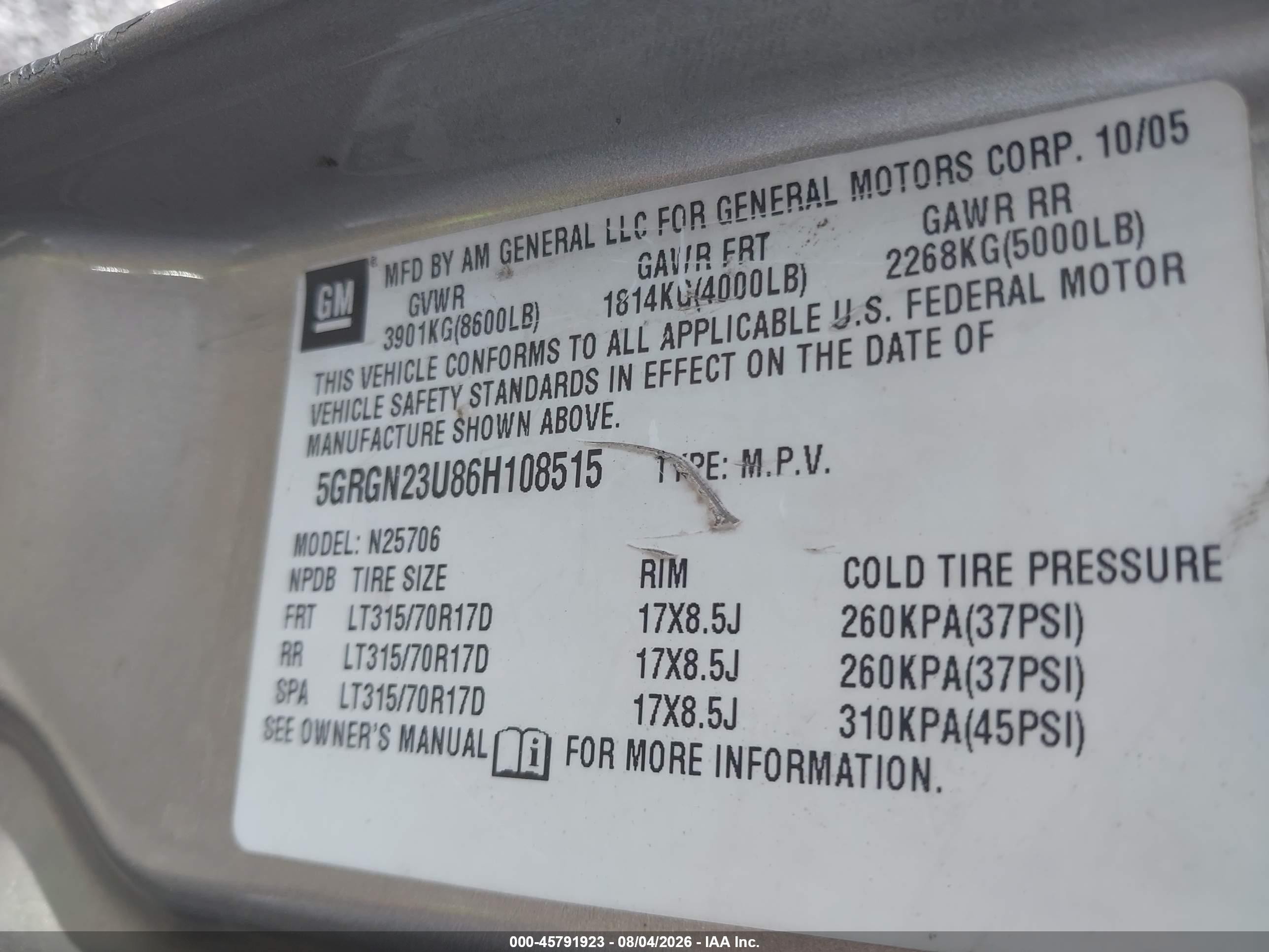 2006 Hummer H2 Suv   Gray vin: 5GRGN23U86H108515
