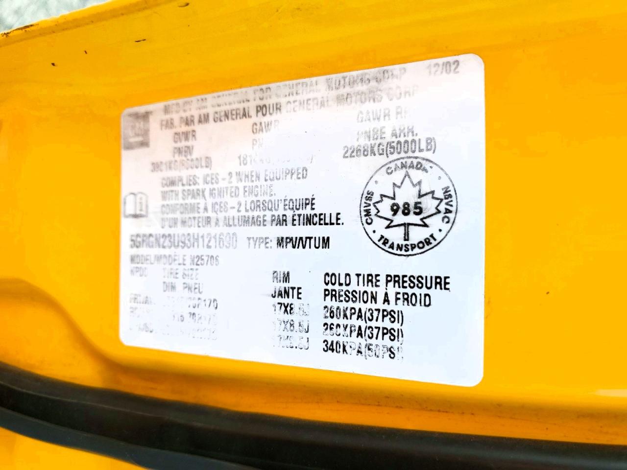 2003 Hummer H2 Yellow vin: 5GRGN23U93H121690