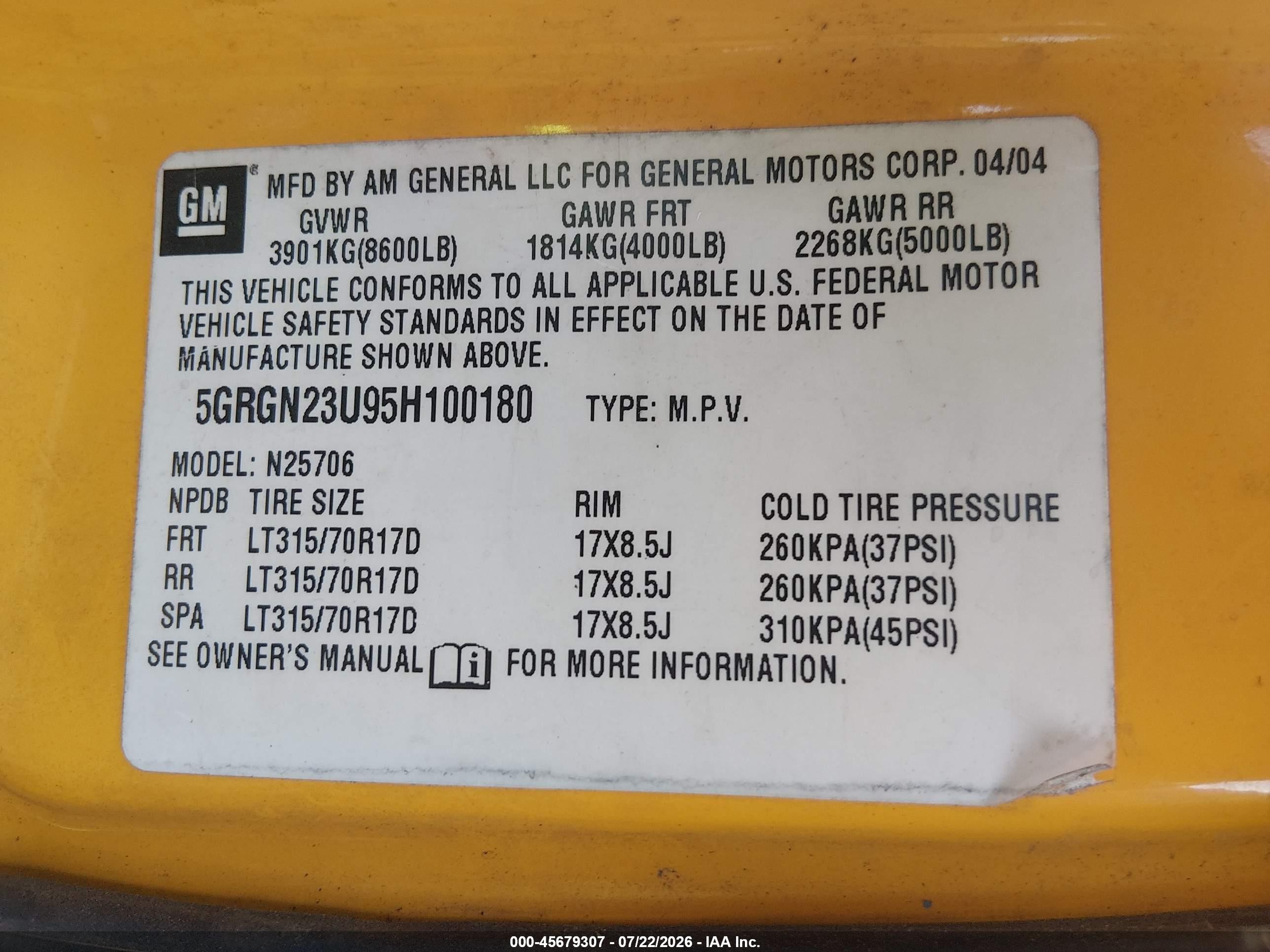 2005 Hummer H2 Suv   Yellow vin: 5GRGN23U95H100180