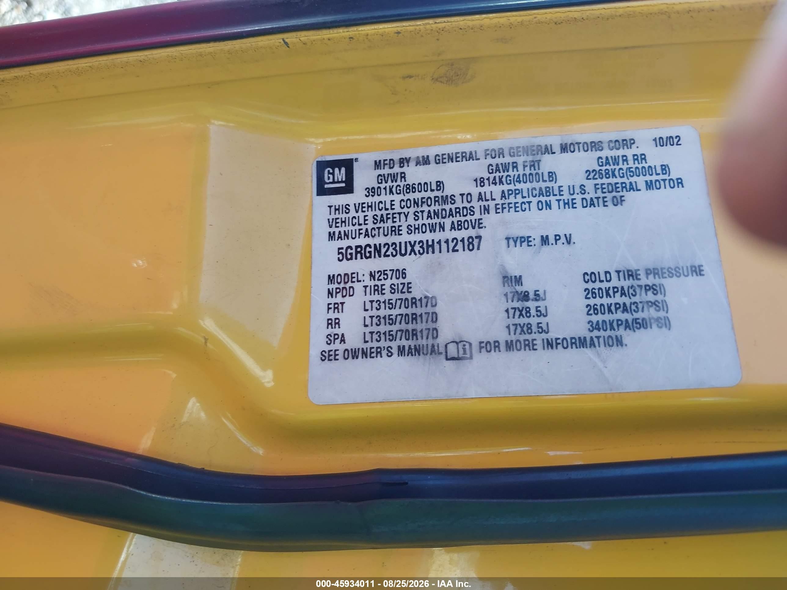 2003 Hummer H2   Yellow vin: 5GRGN23UX3H112187