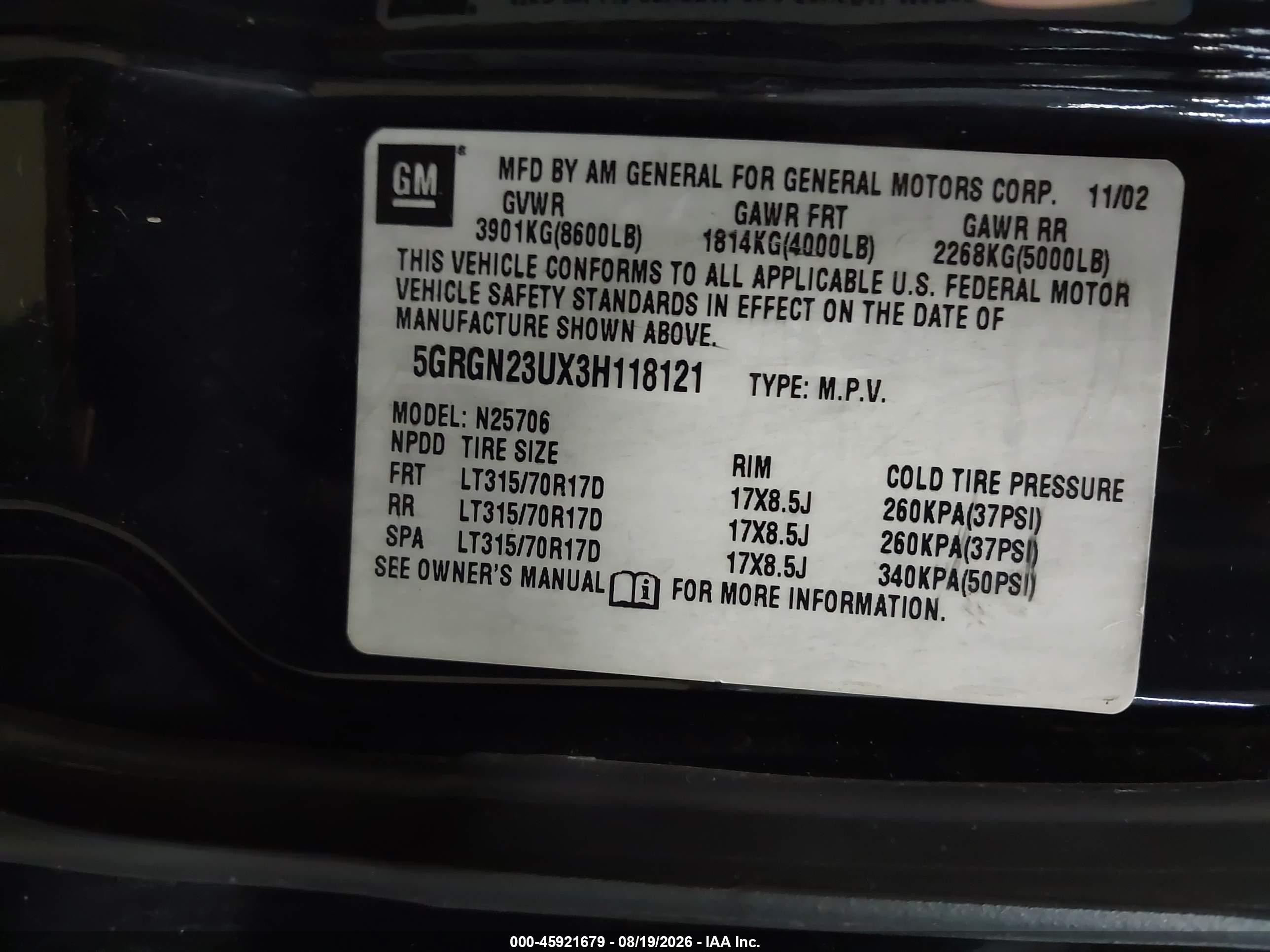 2003 Hummer H2   Black vin: 5GRGN23UX3H118121