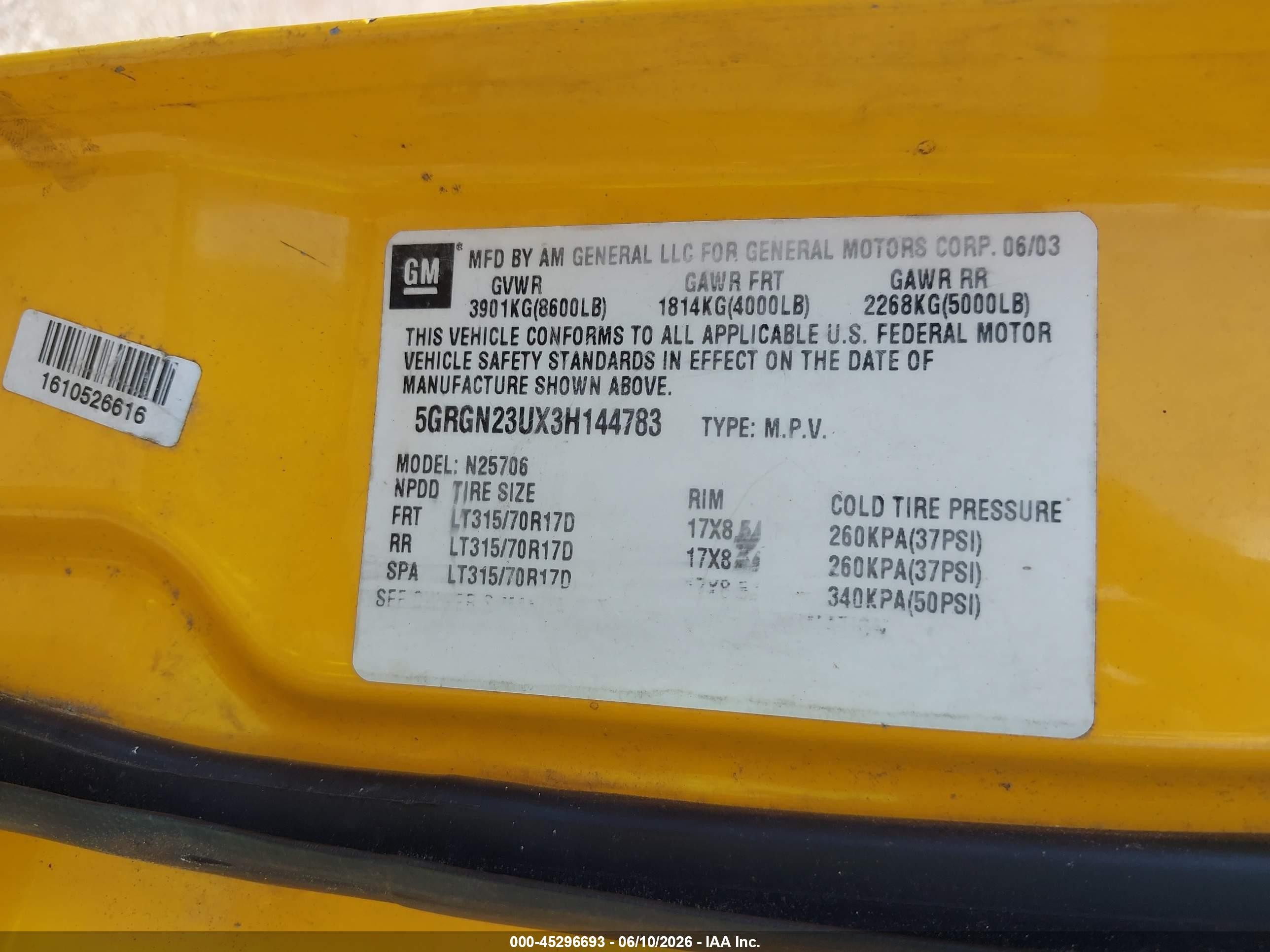 2003 Hummer H2 Yellow vin: 5GRGN23UX3H144783