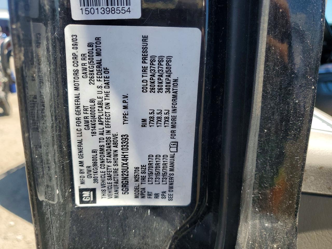 2004 Hummer H2 Black vin: 5GRGN23UX4H103393