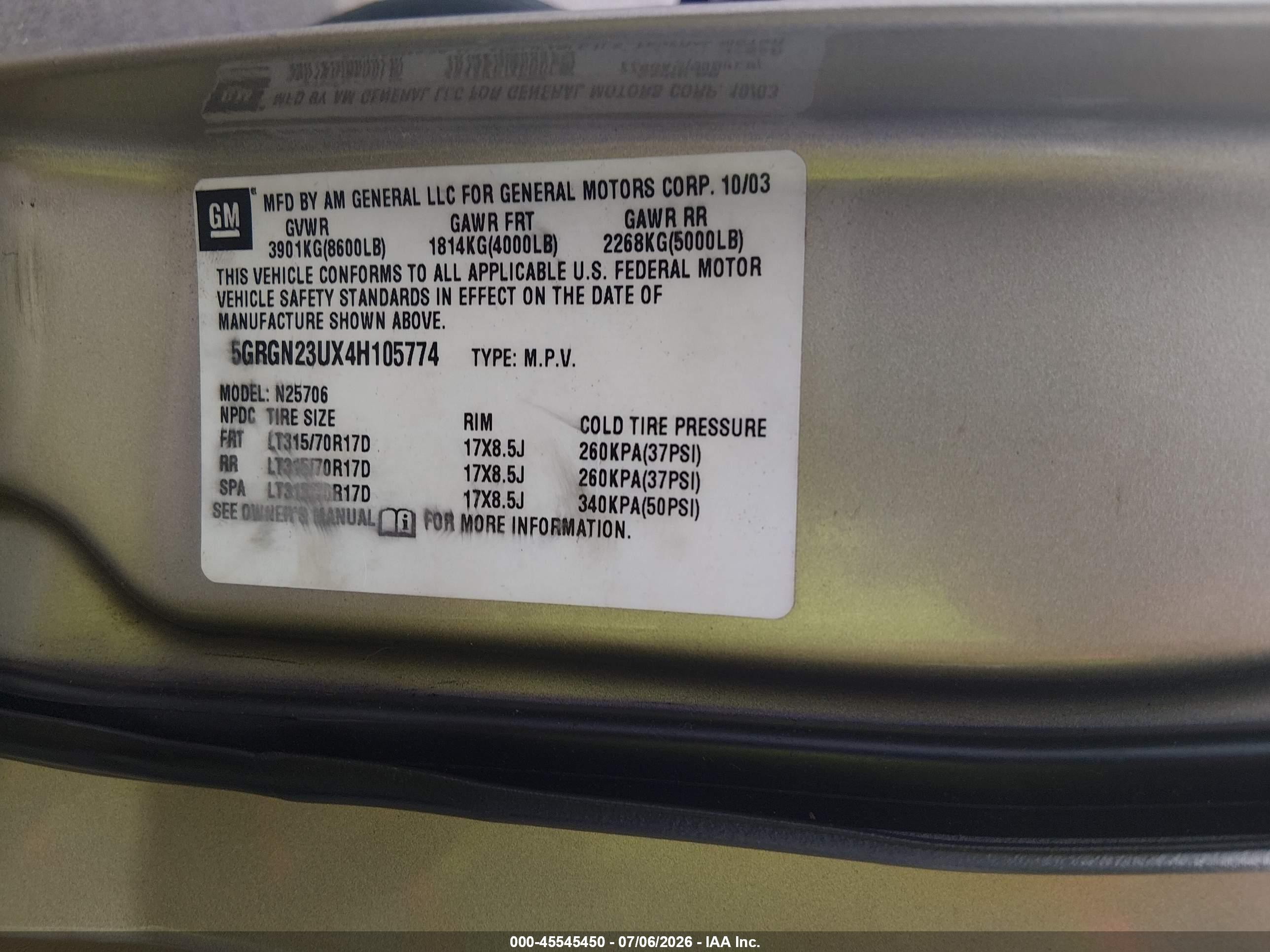 2004 Hummer H2   Champagne vin: 5GRGN23UX4H105774