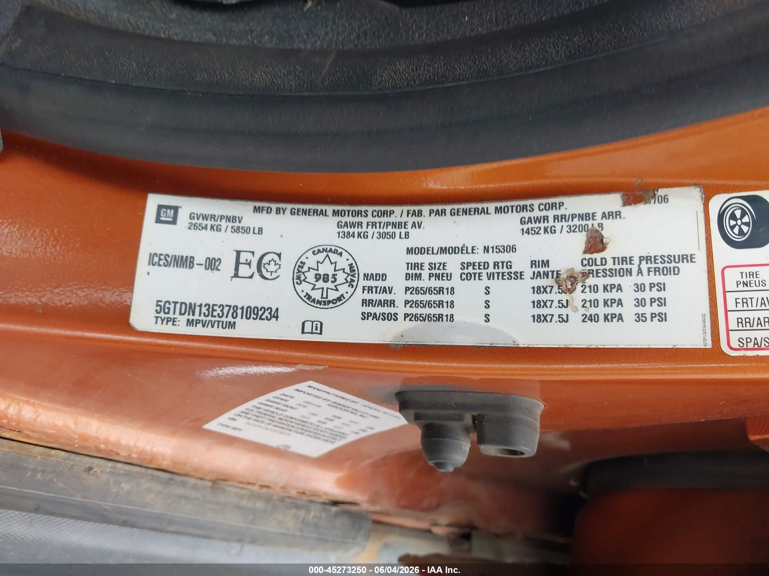 2007 Hummer H3 Suv   Оранжевый vin: 5GTDN13E378109234