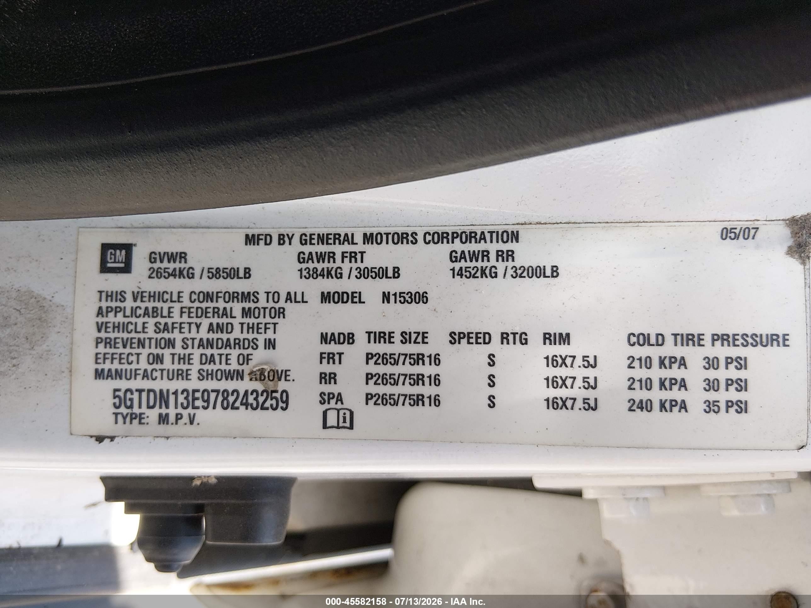 2007 Hummer H3 Suv   White vin: 5GTDN13E978243259