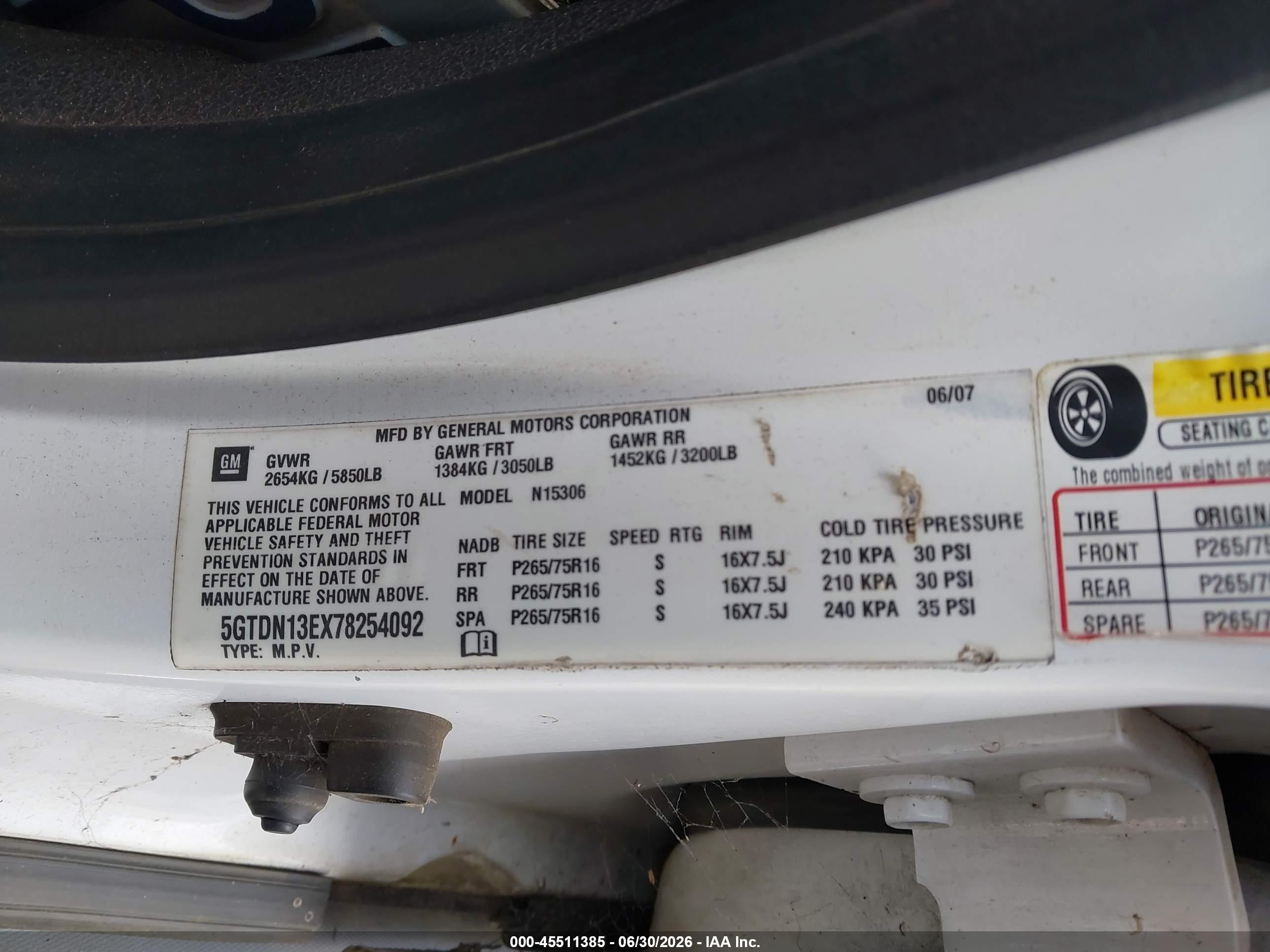2007 Hummer H3 Suv   White vin: 5GTDN13EX78254092