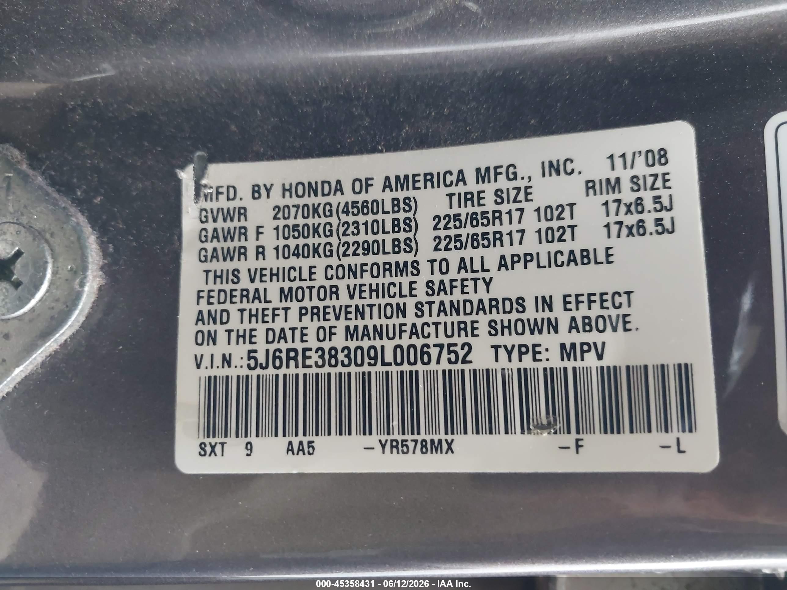 2009 Honda Cr-v Lx Gray vin: 5J6RE38309L006752