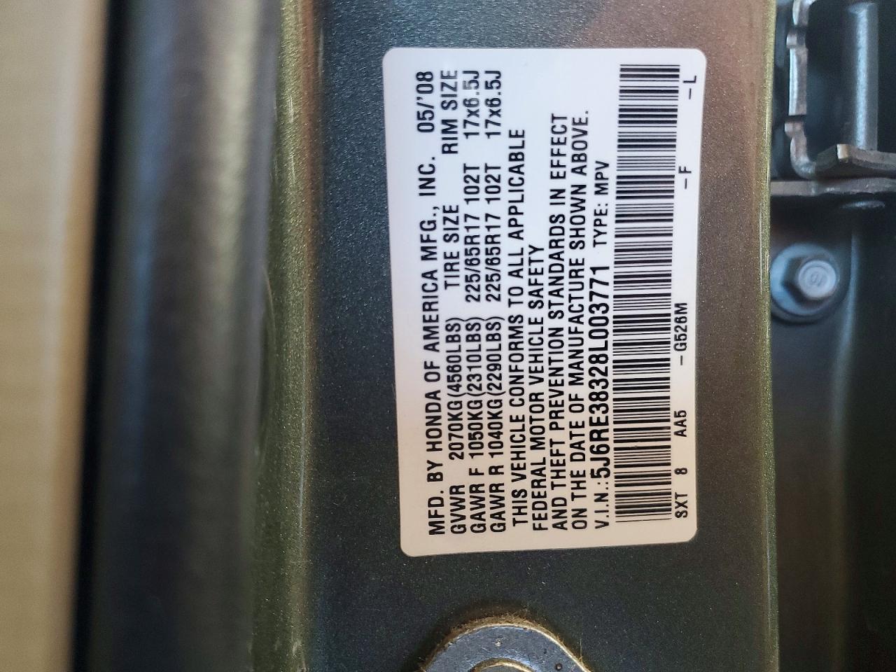 2008 Honda Cr-v Lx Green vin: 5J6RE38328L003771