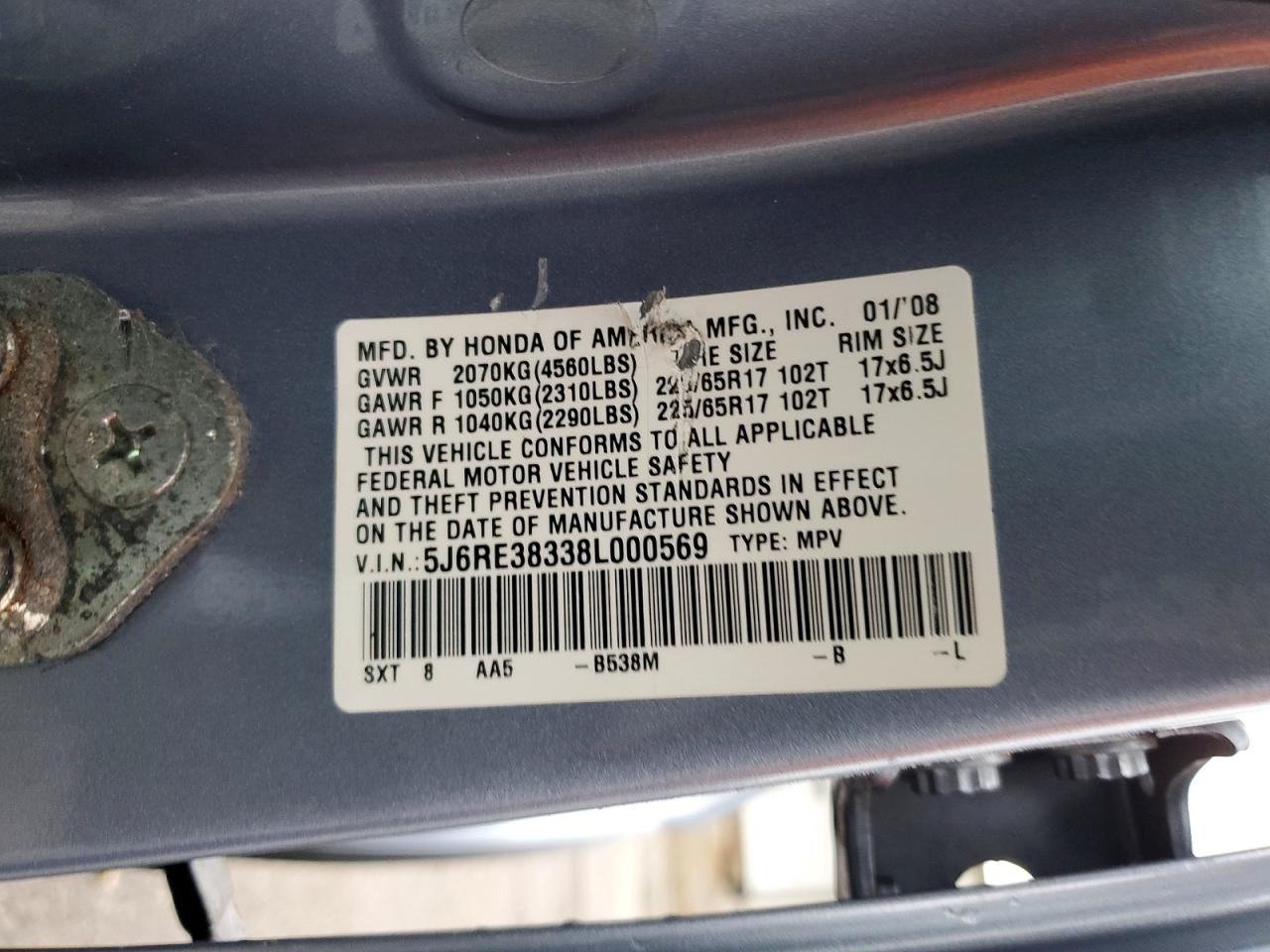 2008 Honda Cr-v Lx Blue vin: 5J6RE38338L000569