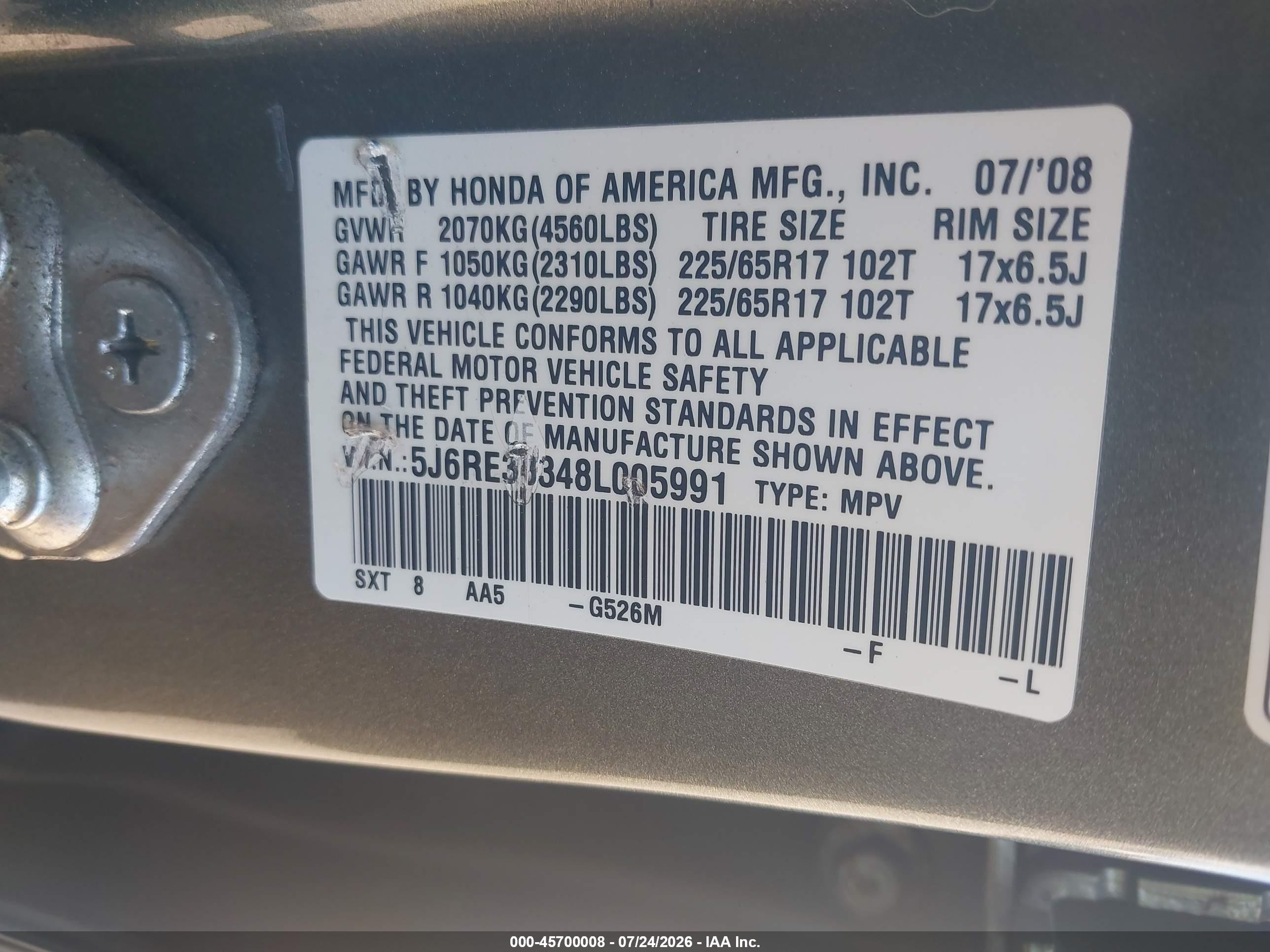 2008 Honda Cr-v Lx Green vin: 5J6RE38348L005991